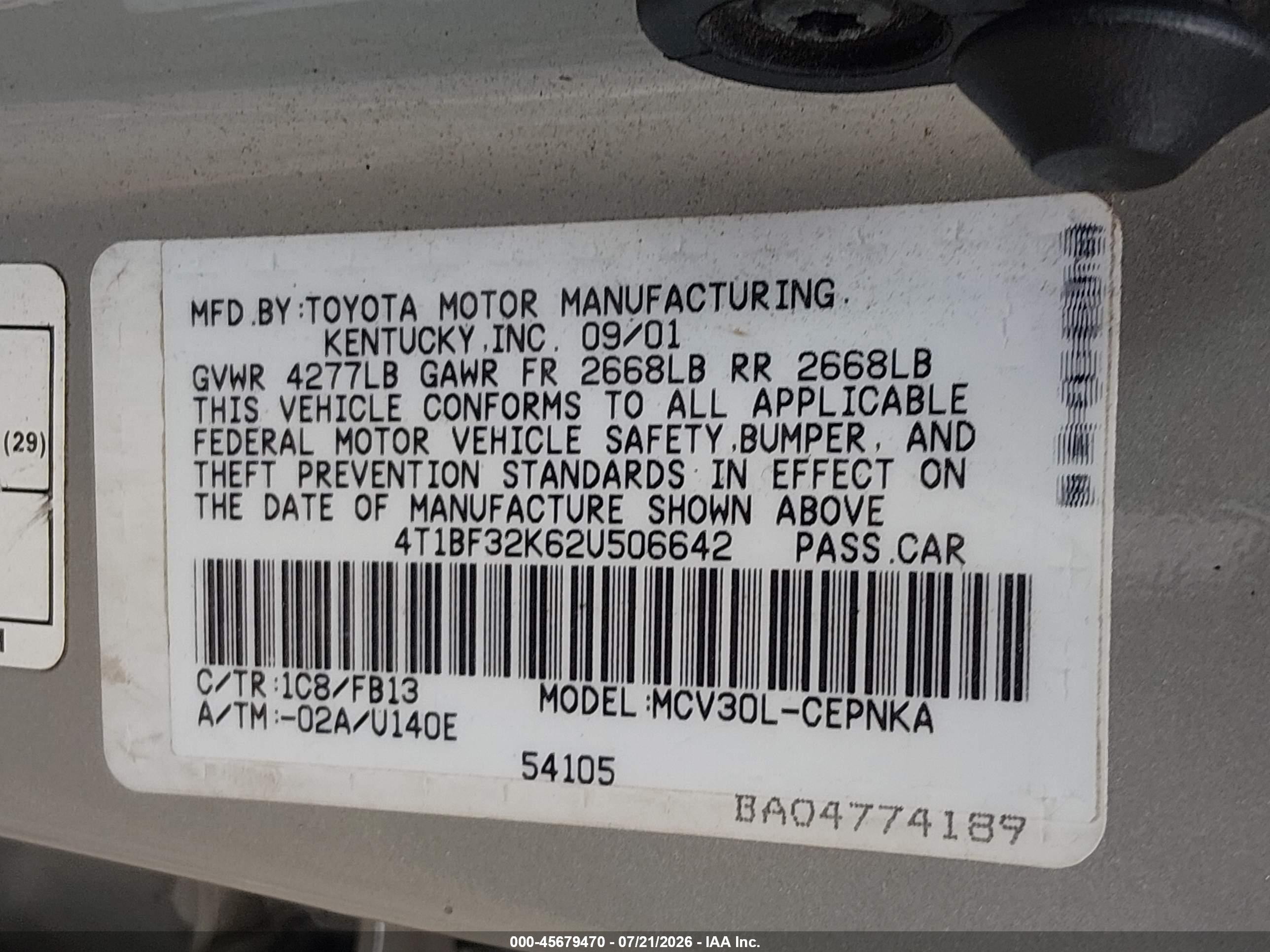 2002 Toyota Camry Le Silver vin: 4T1BF32K62U506642
