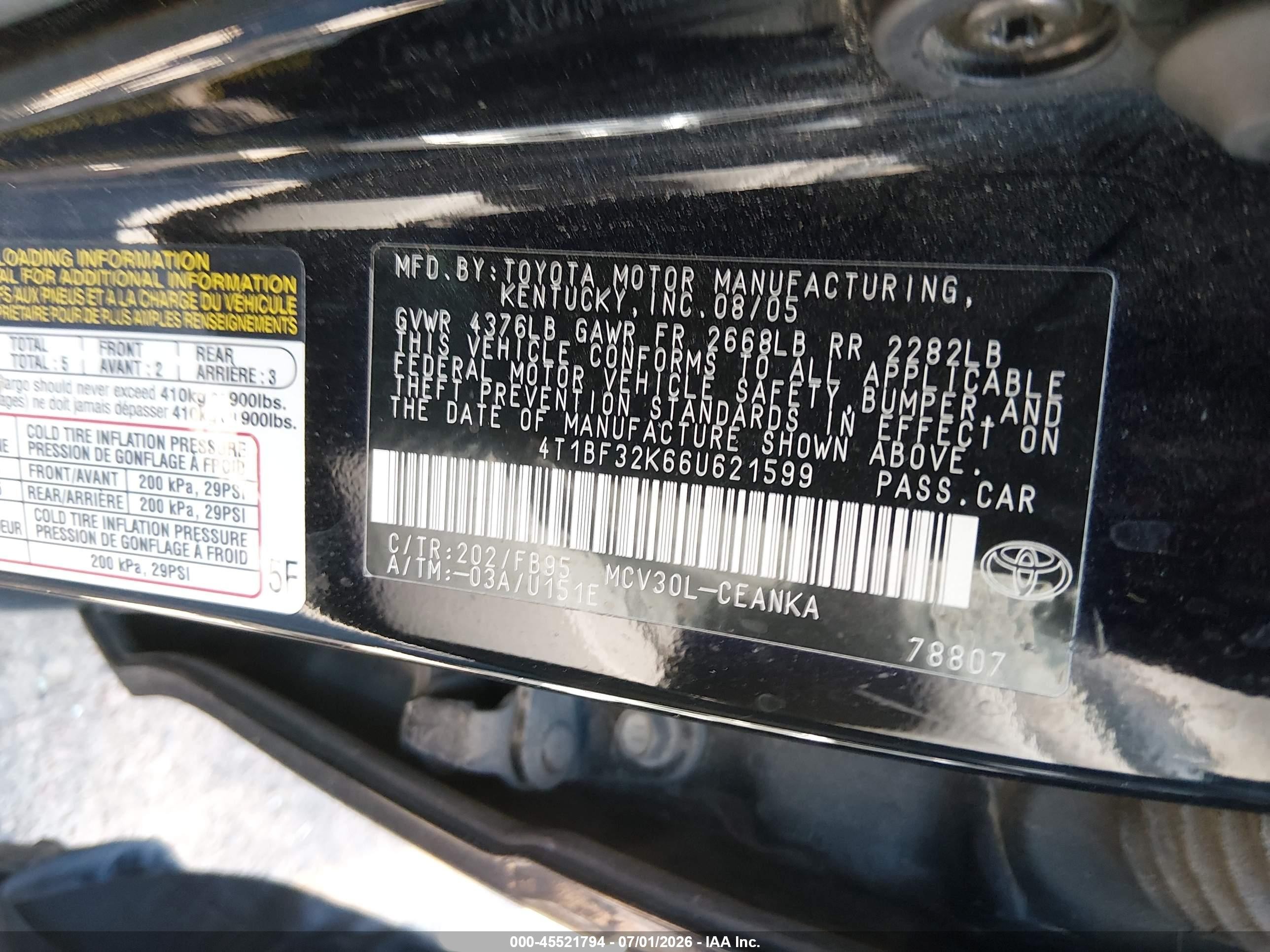 2006 Toyota Camry Le V6 Черный vin: 4T1BF32K66U621599