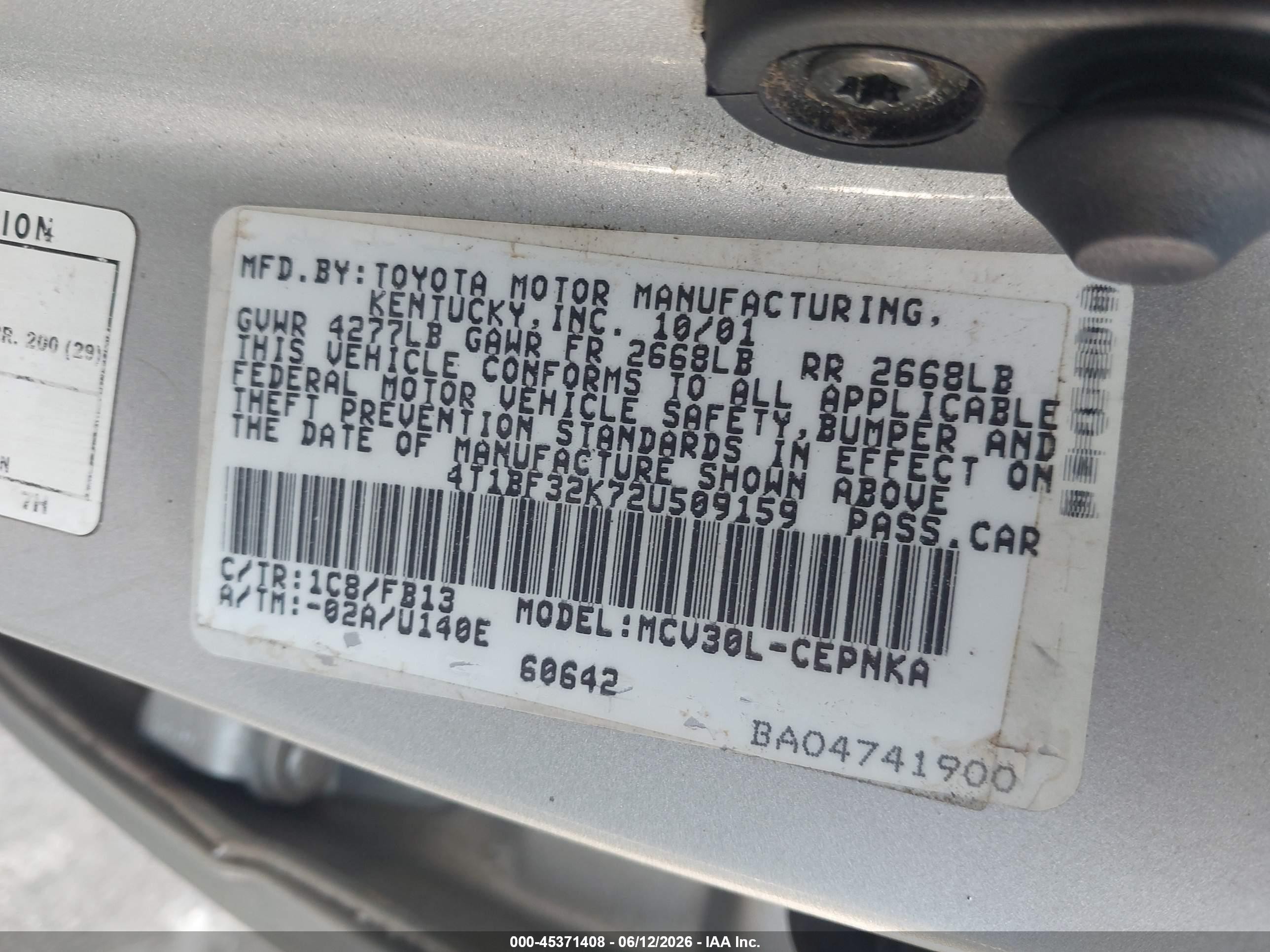 2002 Toyota Camry Le Silver vin: 4T1BF32K72U509159