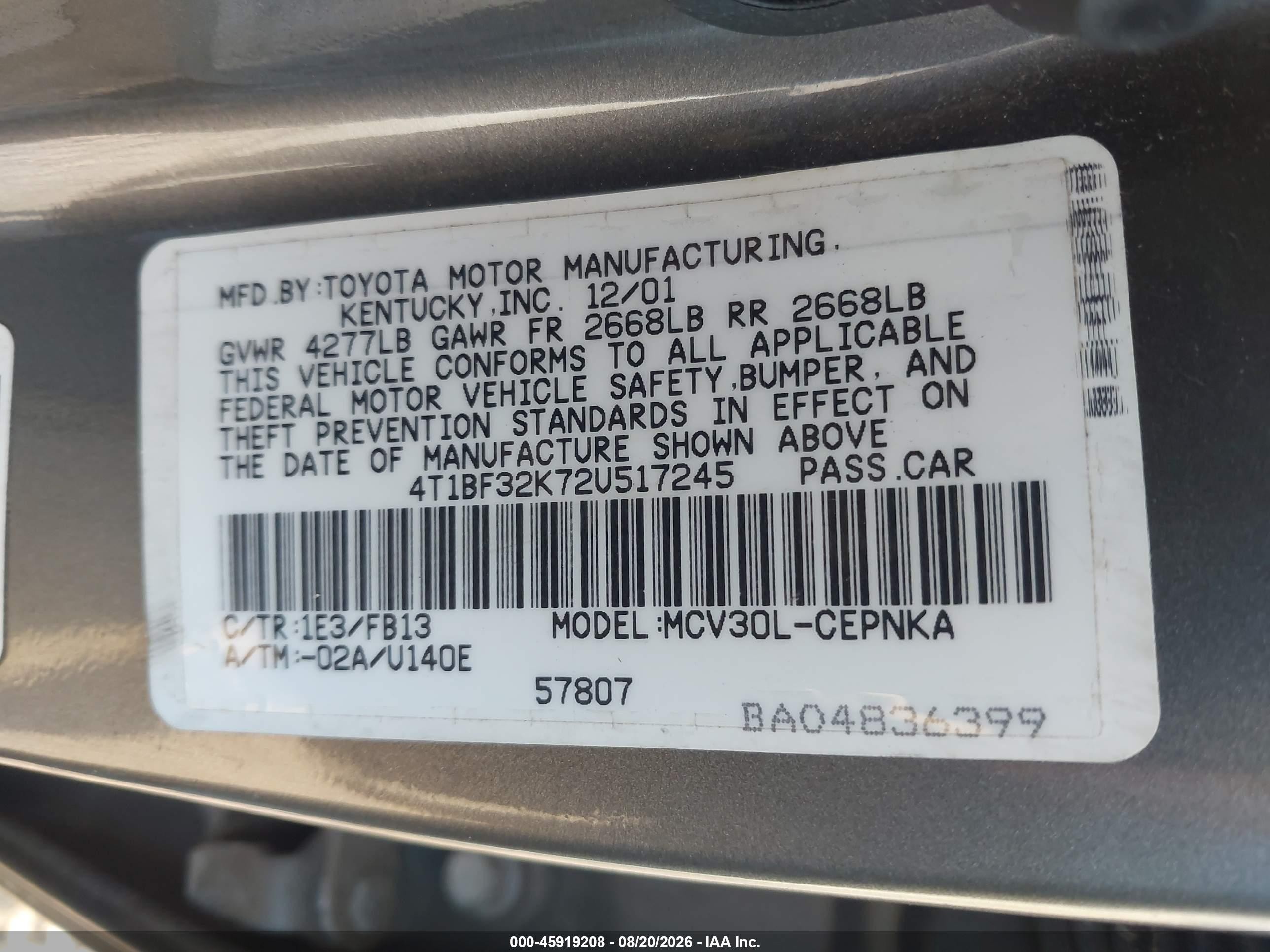 2002 Toyota Camry Le Gray vin: 4T1BF32K72U517245