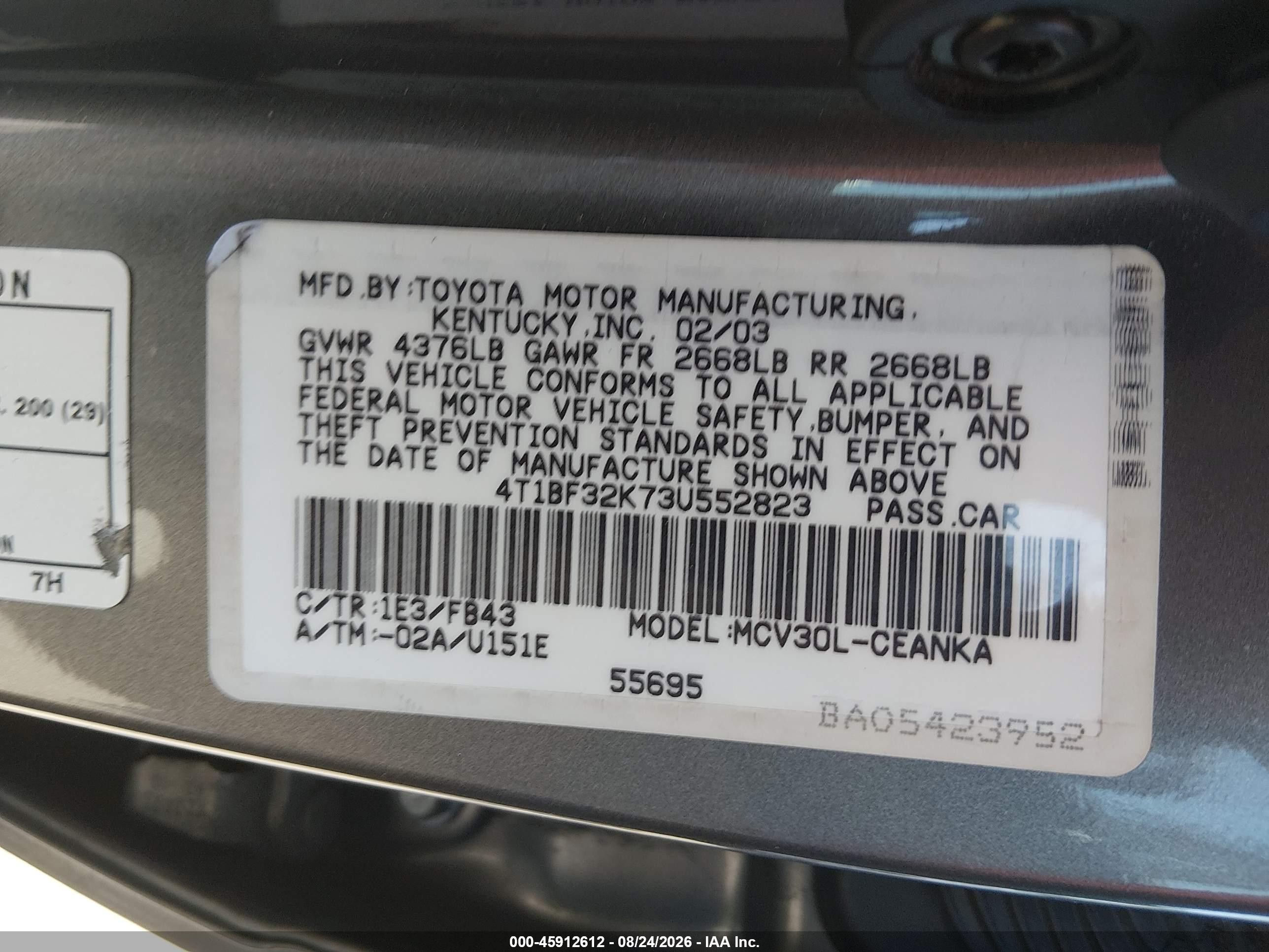 2003 Toyota Camry Le V6 Серый vin: 4T1BF32K73U552823