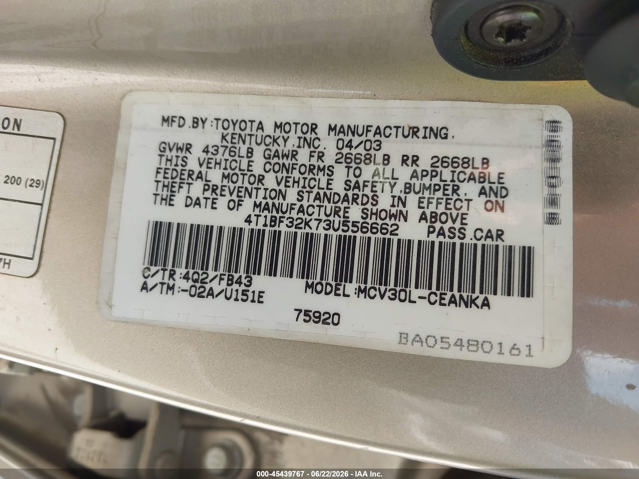 2003 Toyota Camry Le V6 Beige vin: 4T1BF32K73U556662