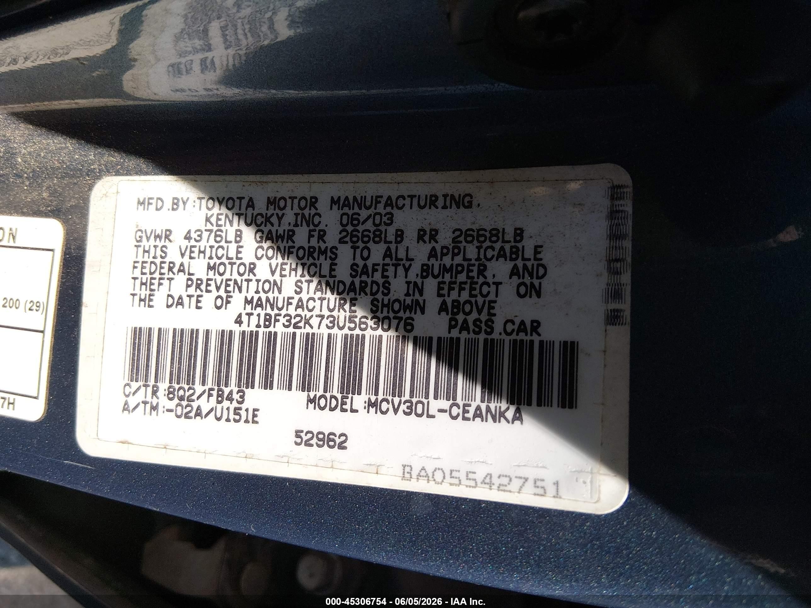 2003 Toyota Camry Le V6 Blue vin: 4T1BF32K73U563076