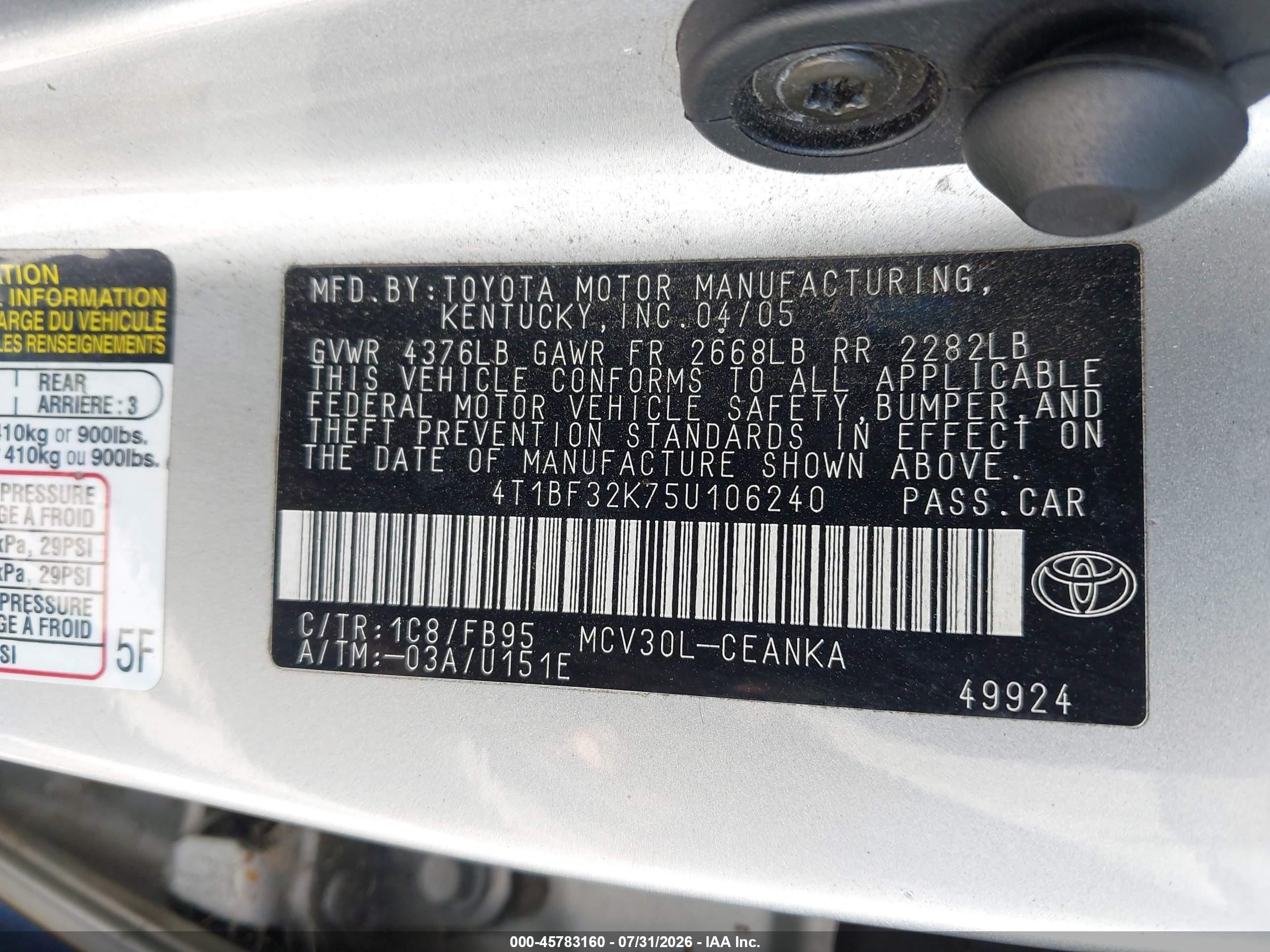 2005 Toyota Camry Le V6 Silver vin: 4T1BF32K75U106240