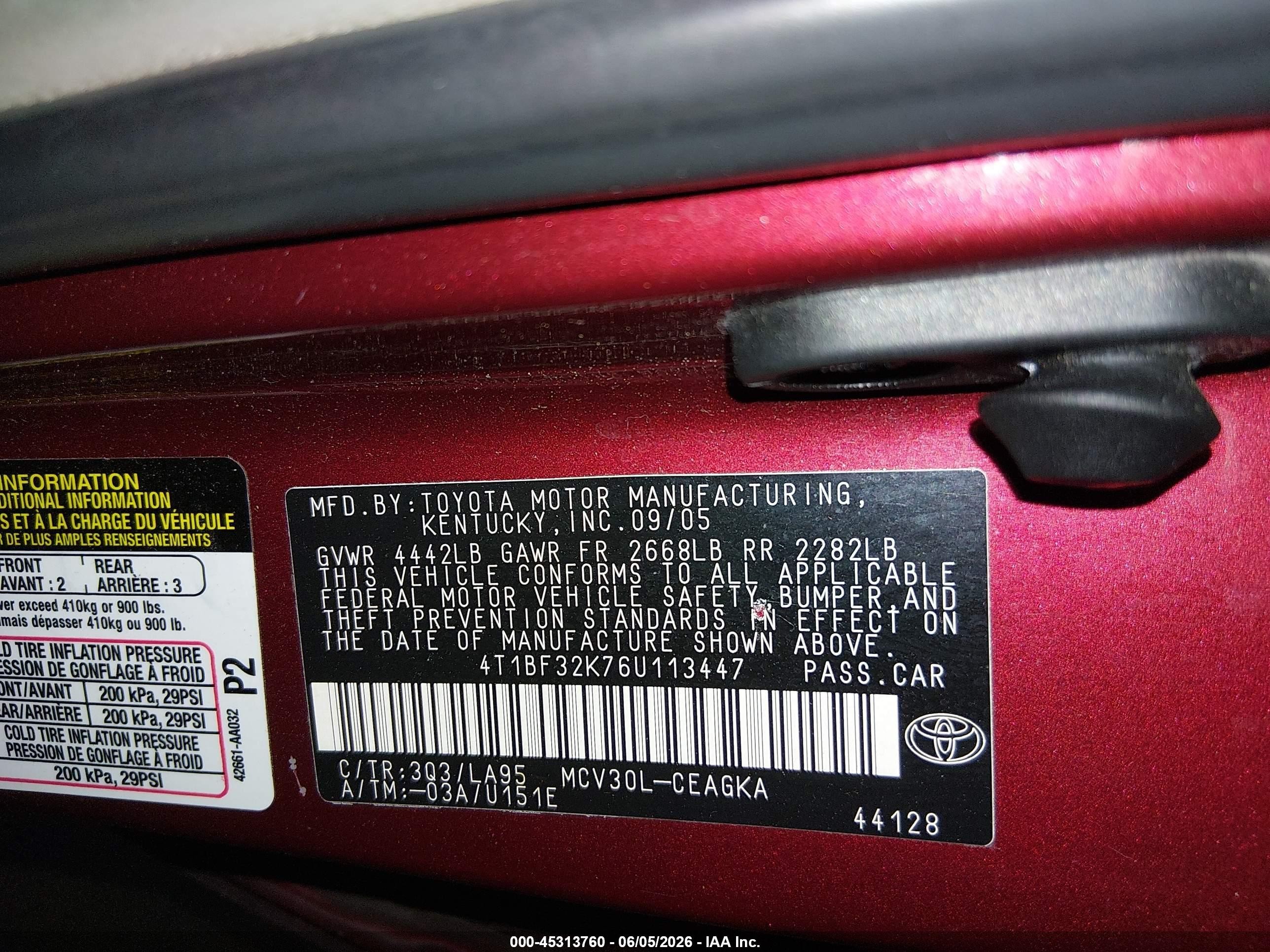 2006 Toyota Camry Xle V6 Burgundy vin: 4T1BF32K76U113447