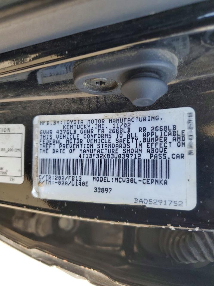 2003 Toyota Camry Le V6 Black vin: 4T1BF32K83U039712