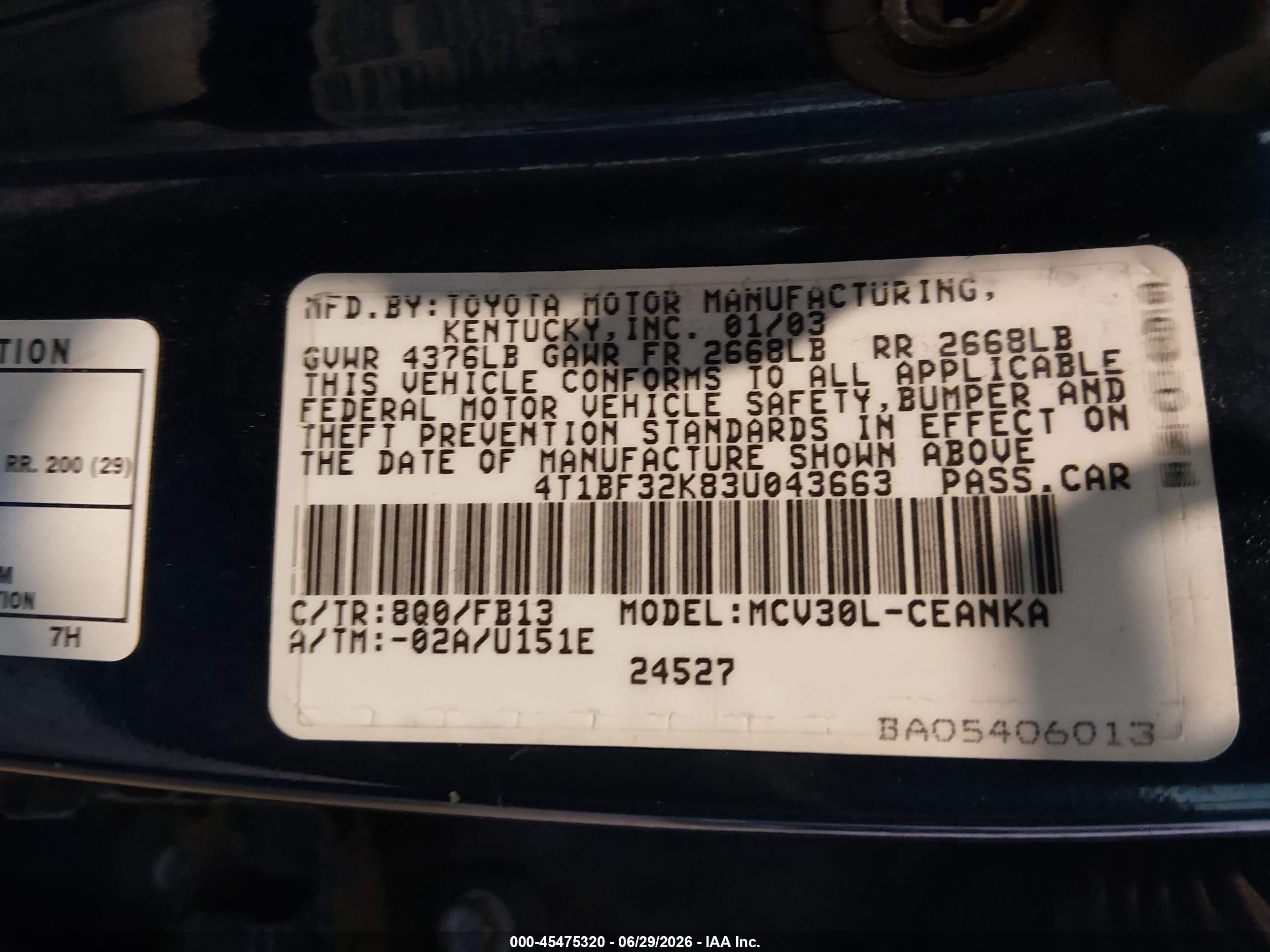 2003 Toyota Camry Le V6 Blue vin: 4T1BF32K83U043663