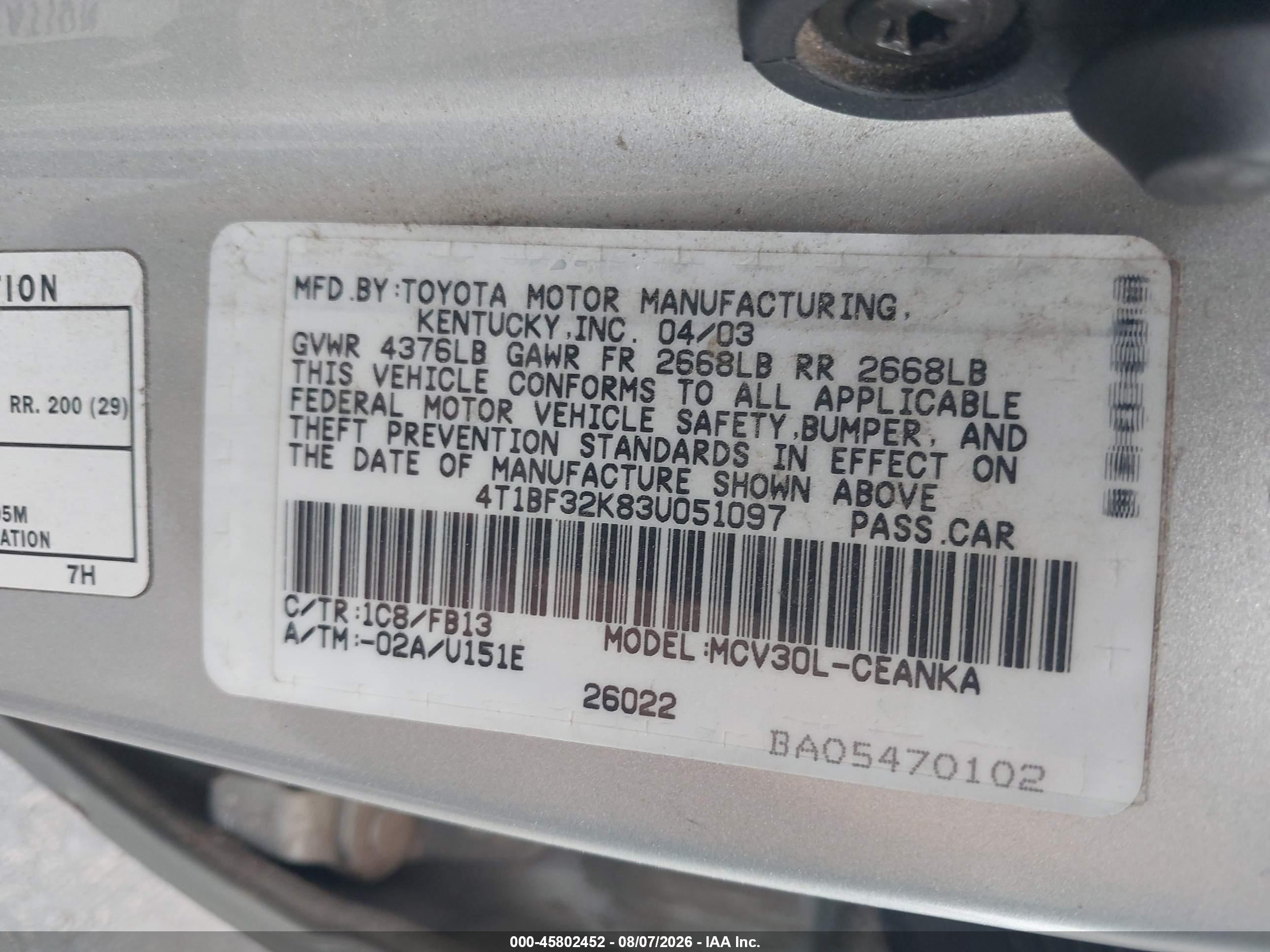 2003 Toyota Camry Le V6 Silver vin: 4T1BF32K83U051097