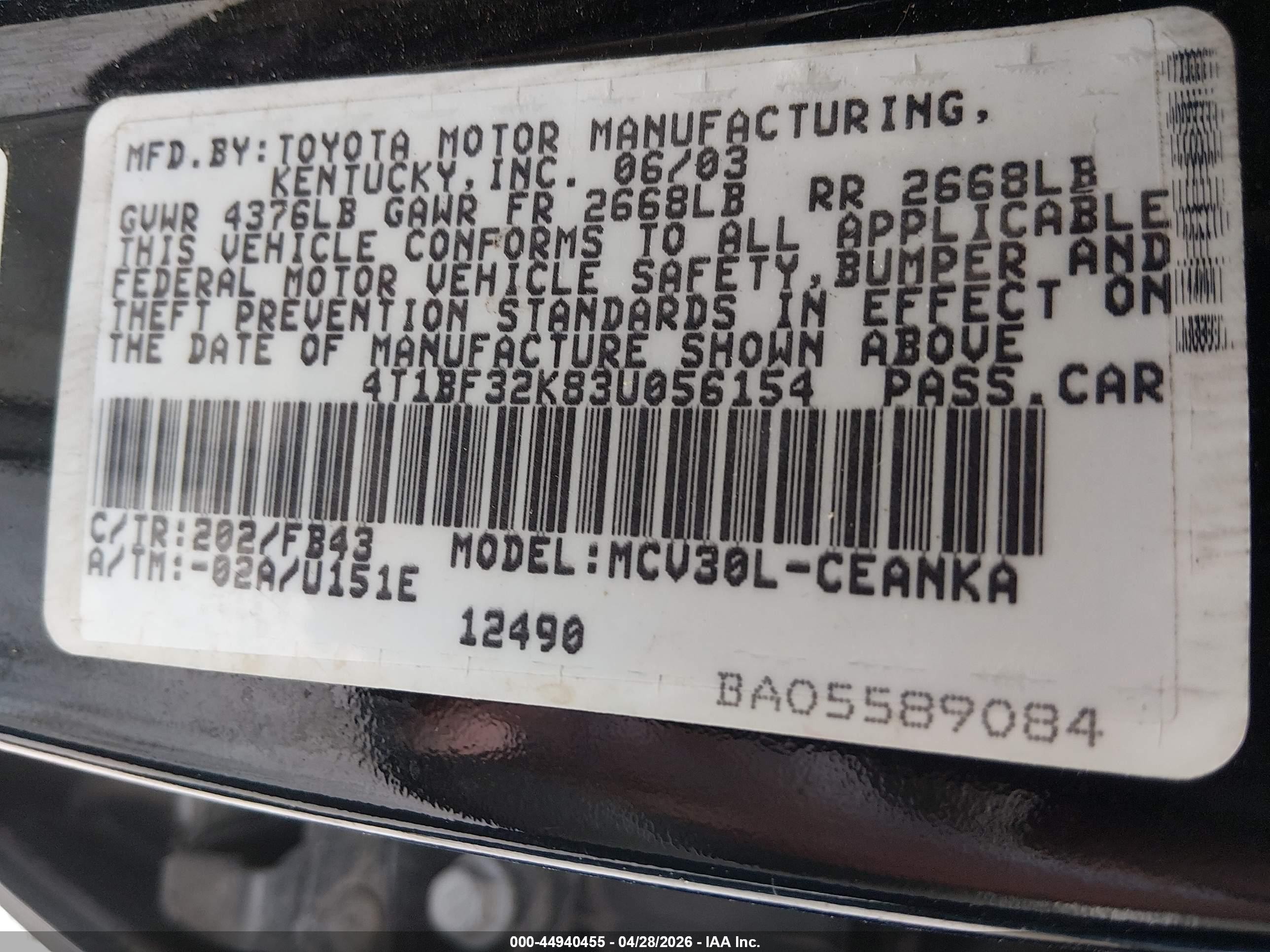 2003 Toyota Camry Le V6 Black vin: 4T1BF32K83U056154