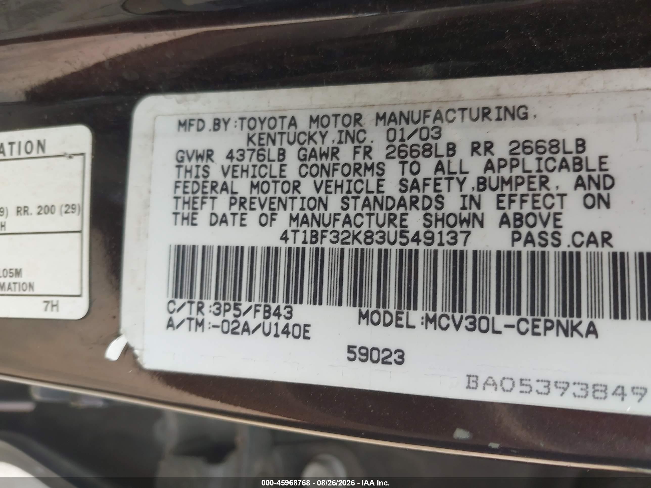 2003 Toyota Camry Le/xle/se Purple vin: 4T1BF32K83U549137