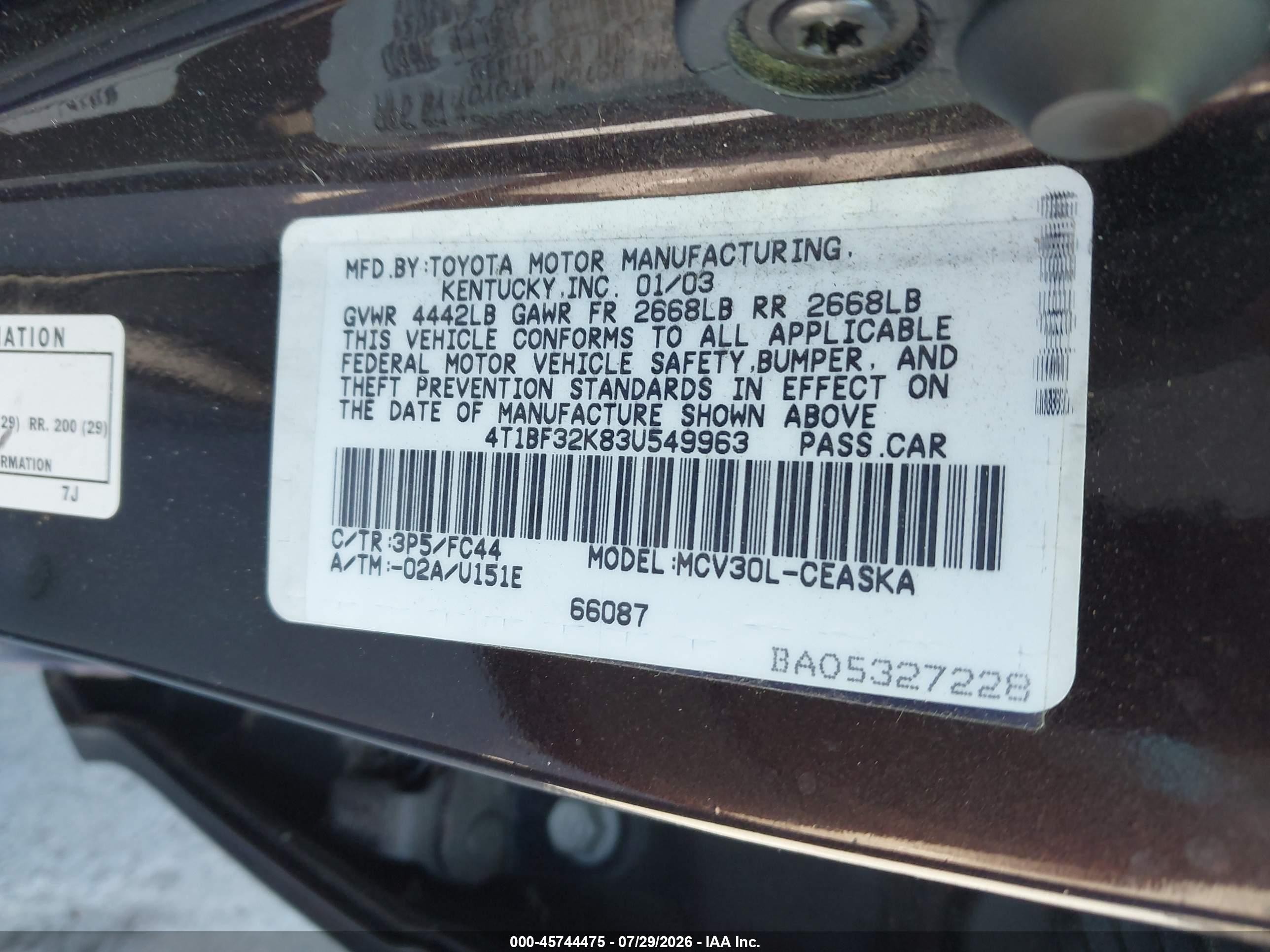 2003 Toyota Camry Se V6 Dark Brown vin: 4T1BF32K83U549963