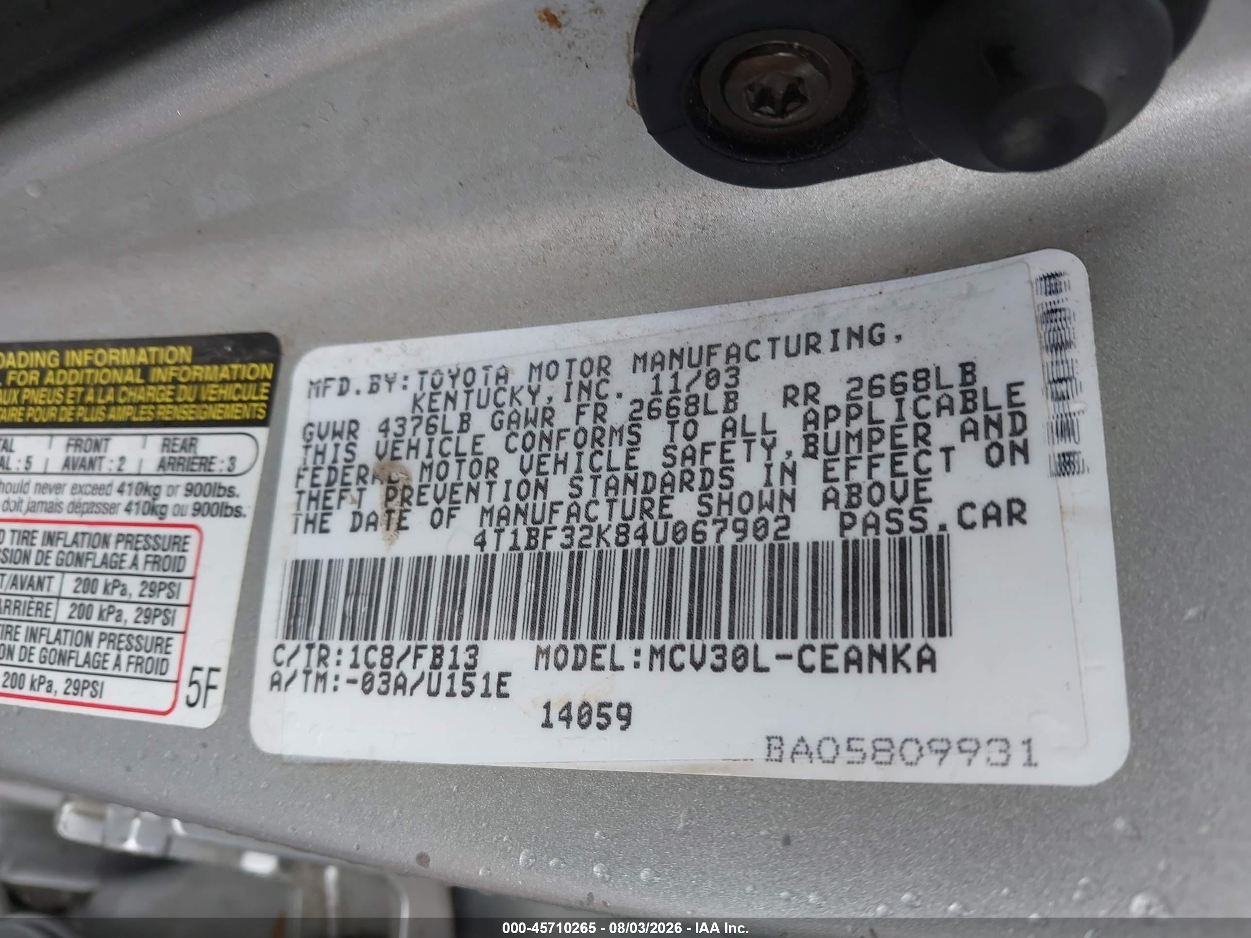 2004 Toyota Camry Le V6 Gold vin: 4T1BF32K84U067902