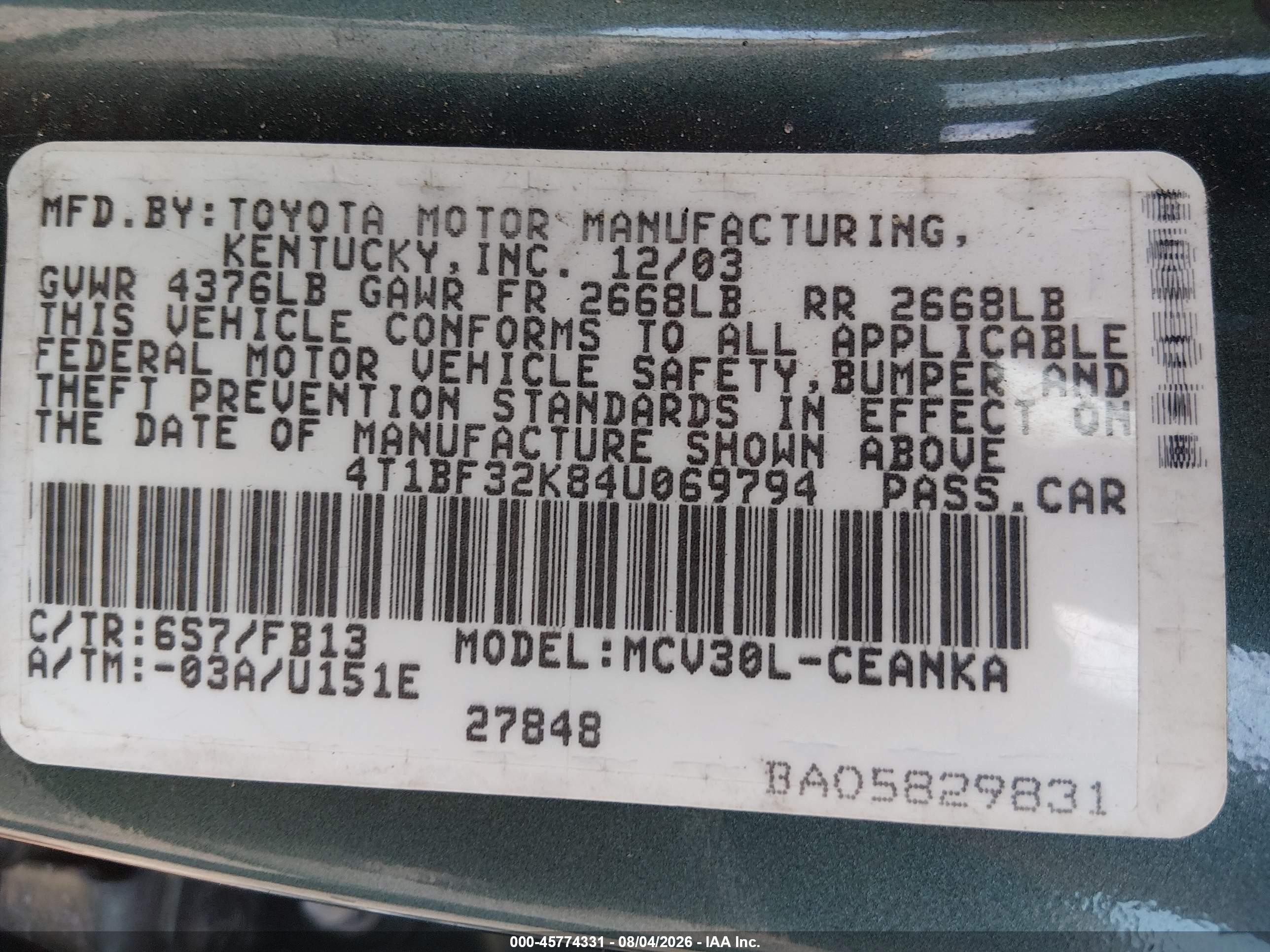 2004 Toyota Camry Le V6 Green vin: 4T1BF32K84U069794
