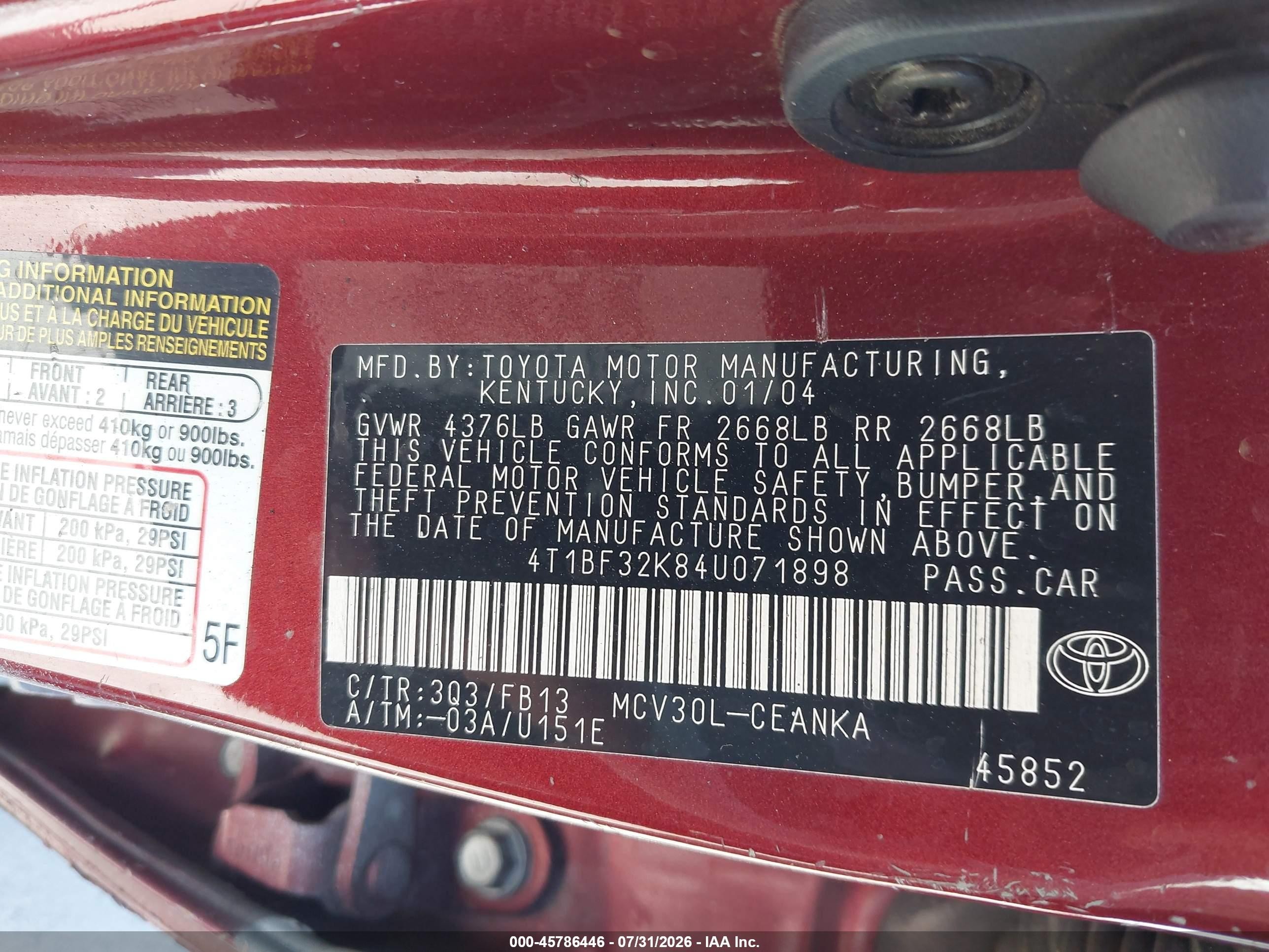 2004 Toyota Camry Le V6 Red vin: 4T1BF32K84U071898