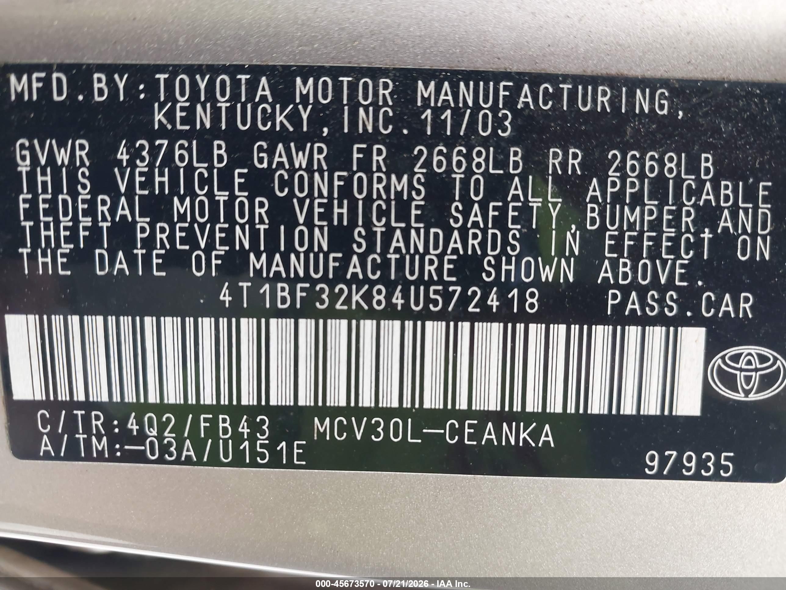 2004 Toyota Camry Le V6 Gold vin: 4T1BF32K84U572418