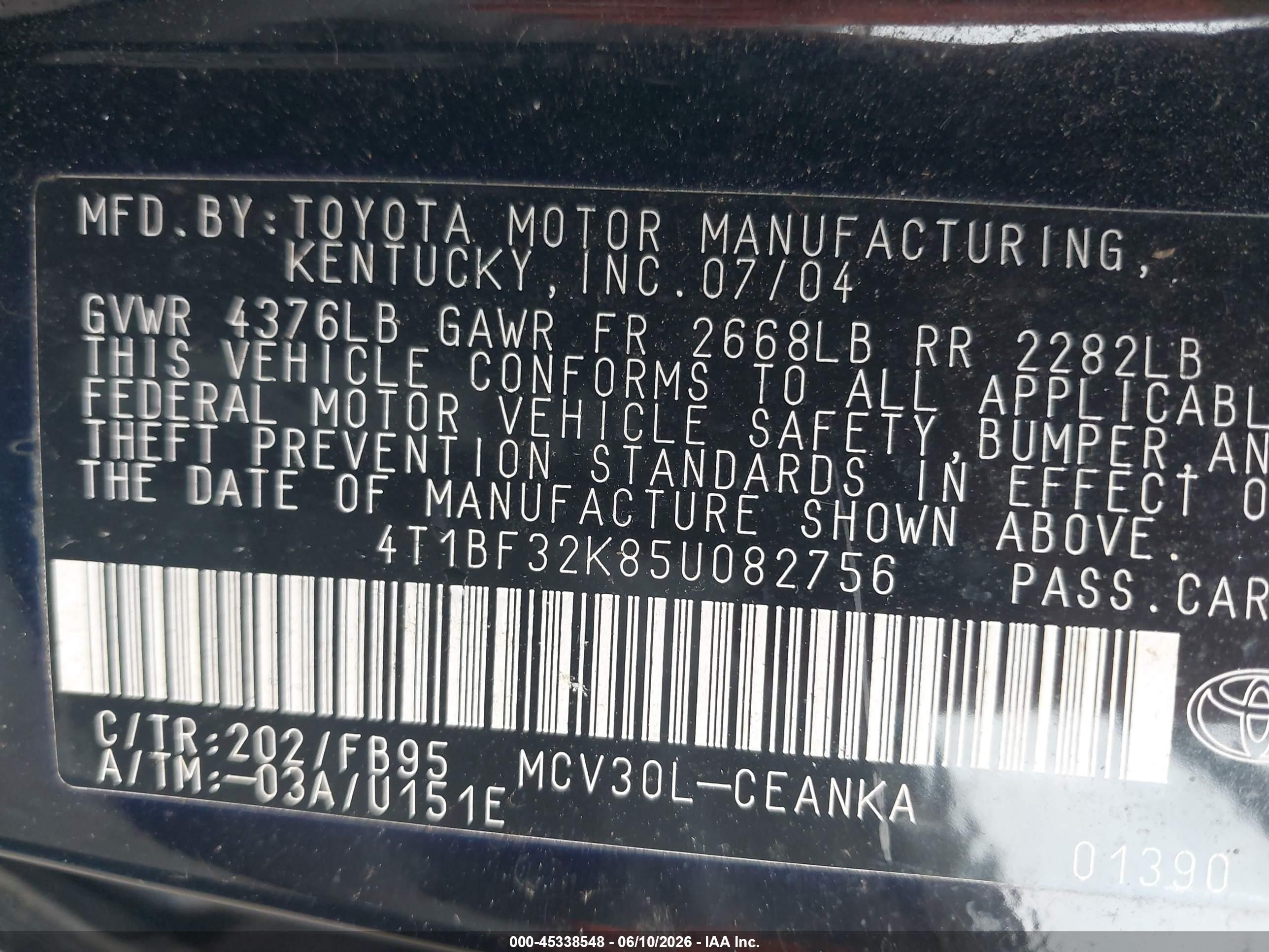 2005 Toyota Camry Le V6 Black vin: 4T1BF32K85U082756