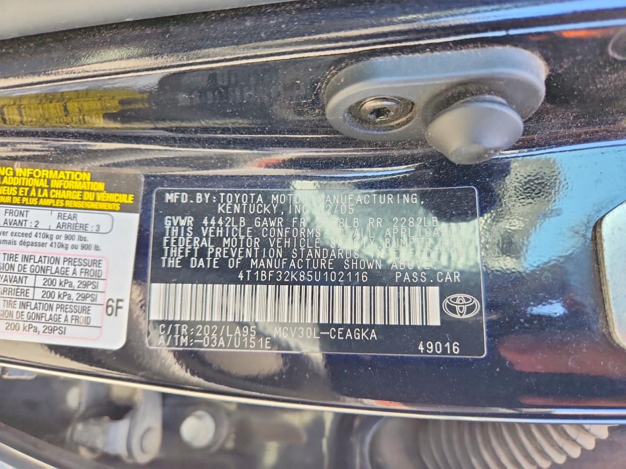 2005 Toyota Camry Xle V6 Black vin: 4T1BF32K85U102116