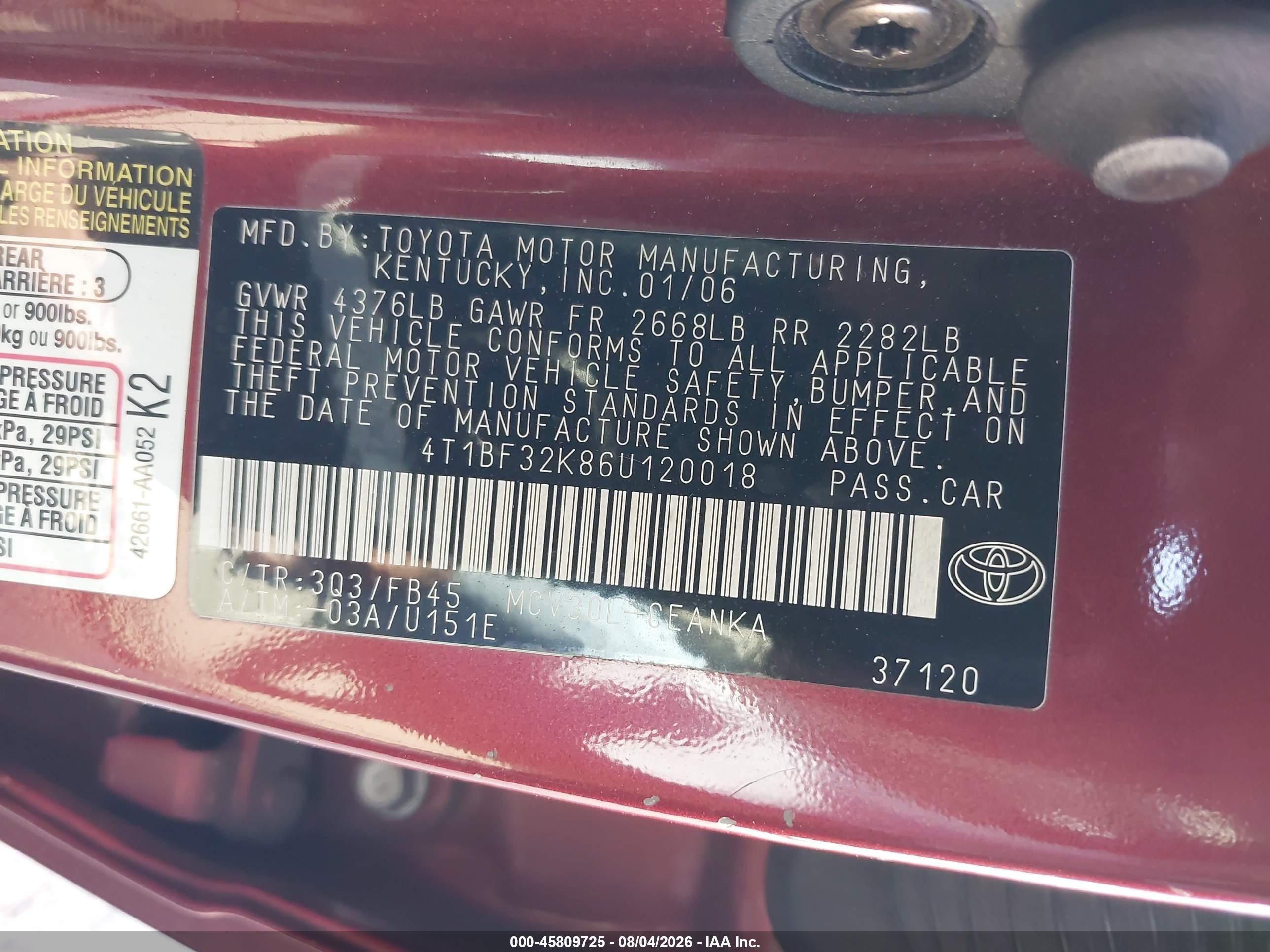 2006 Toyota Camry Le V6 Red vin: 4T1BF32K86U120018