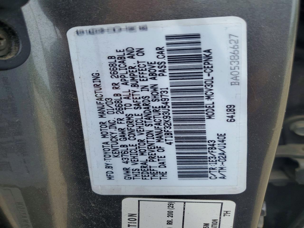 2003 Toyota Camry Le V6 Gray vin: 4T1BF32K93U549731