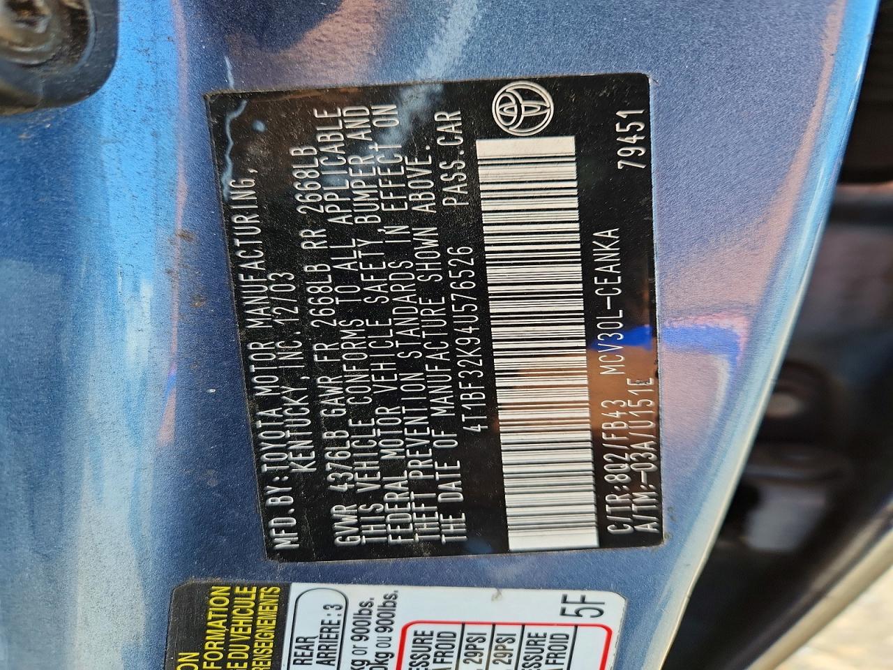 2004 Toyota Camry Le V6 Blue vin: 4T1BF32K94U576526