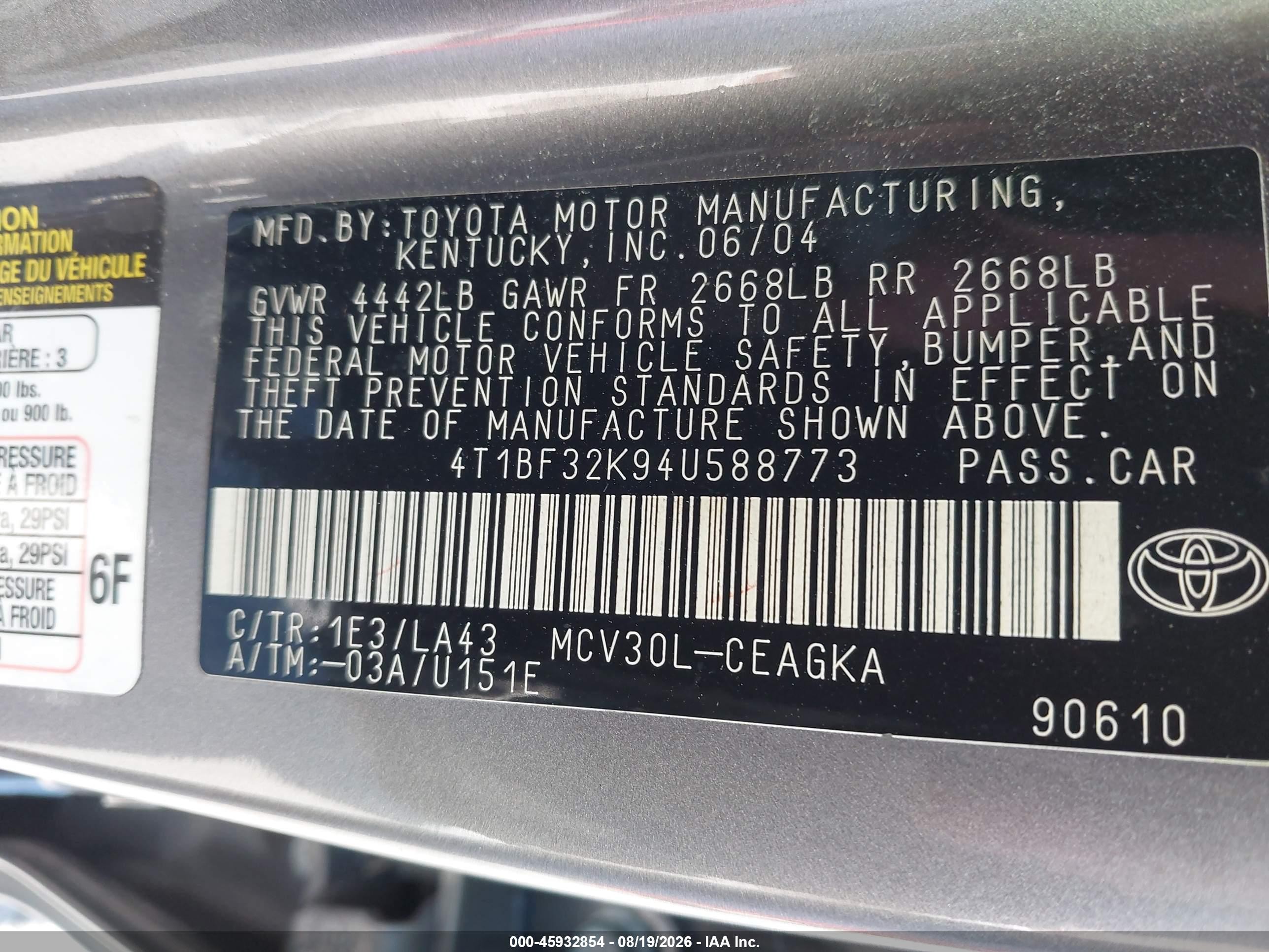 2004 Toyota Camry Xle V6 Серый vin: 4T1BF32K94U588773