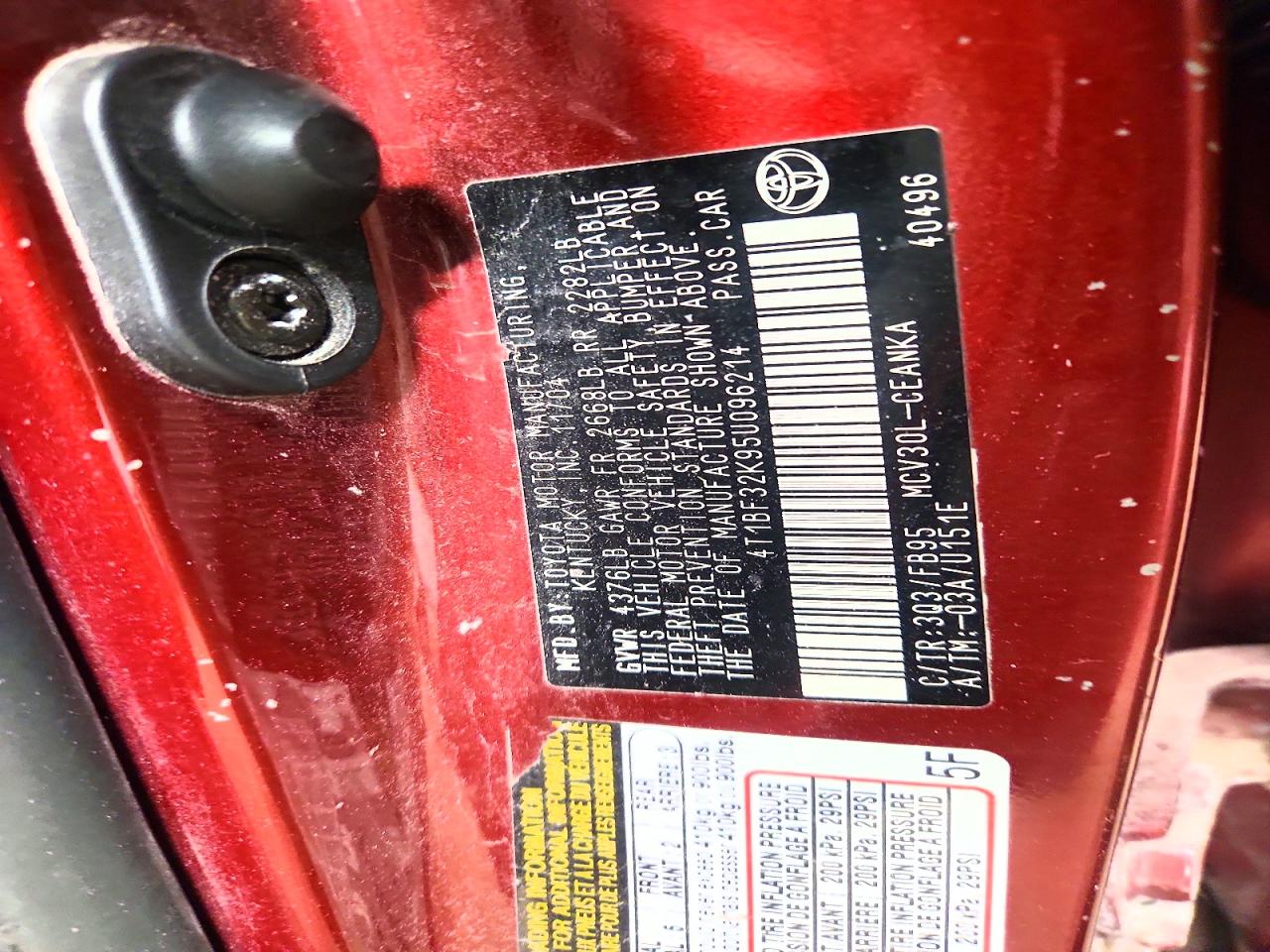 2005 Toyota Camry Le V6 Burgundy vin: 4T1BF32K95U096214