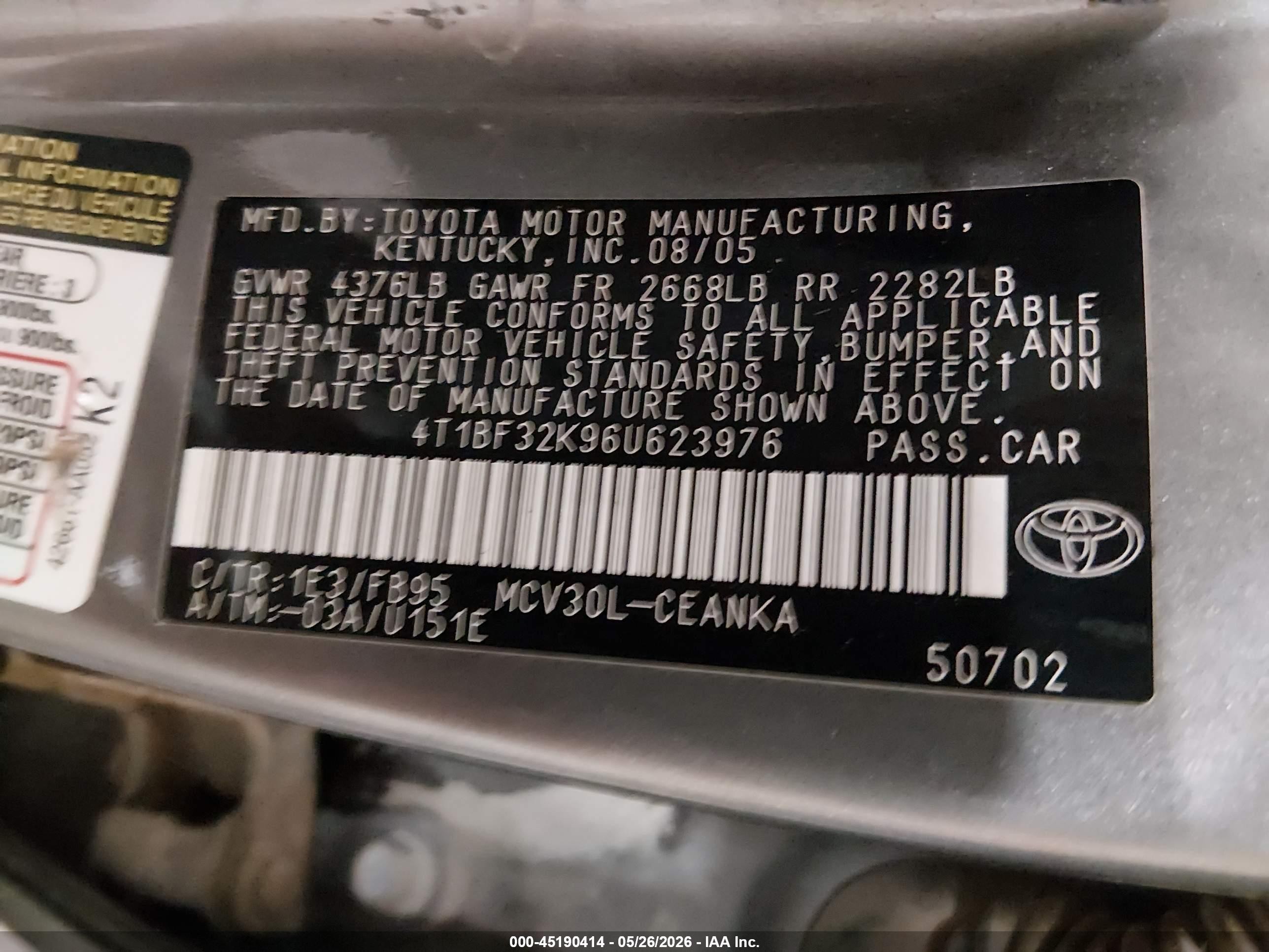 2006 Toyota Camry Le V6 Gray vin: 4T1BF32K96U623976