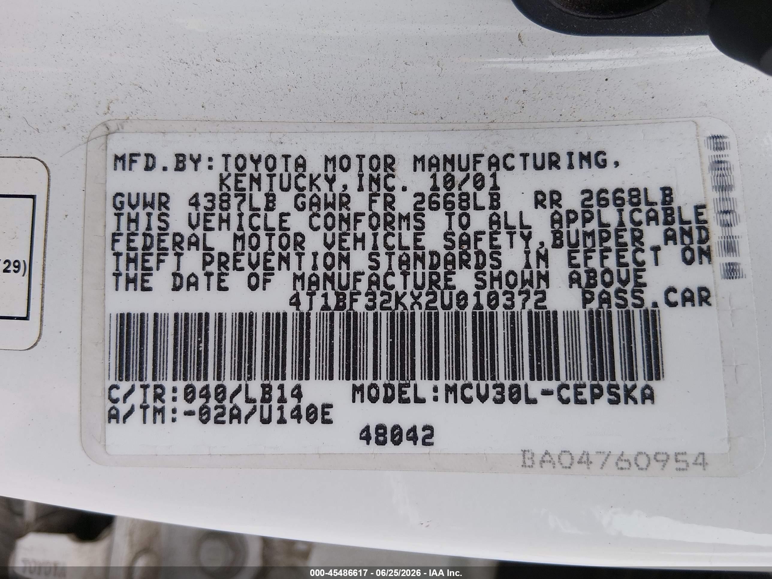 2002 Toyota Camry Se White vin: 4T1BF32KX2U010372
