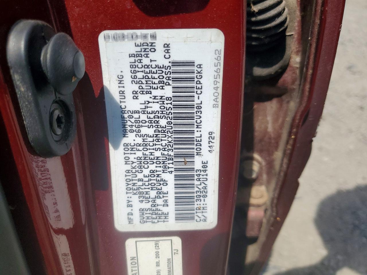 2002 Toyota Camry Xle V6 Burgundy vin: 4T1BF32KX2U025518