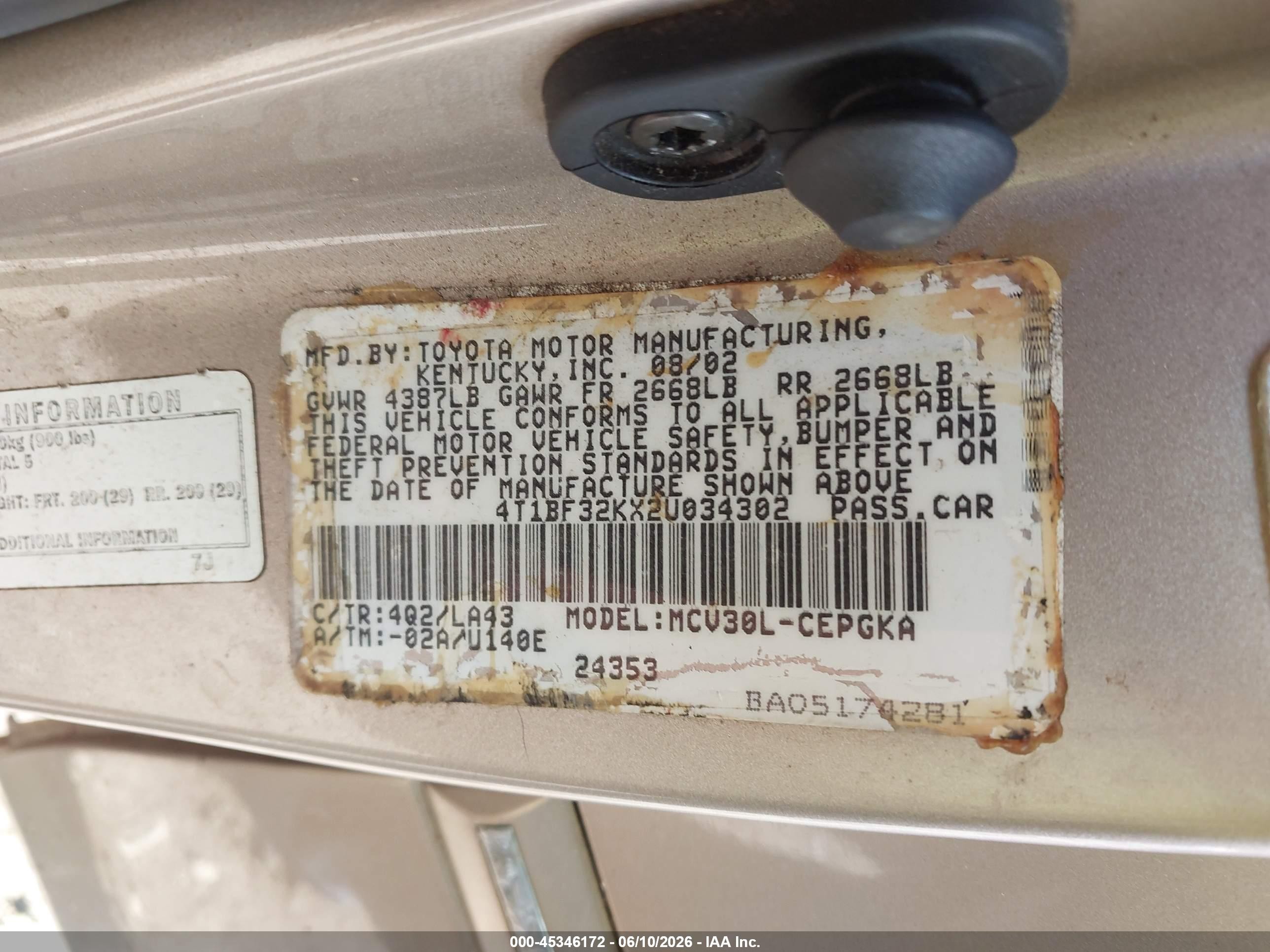 2002 Toyota Camry Xle Champagne vin: 4T1BF32KX2U034302