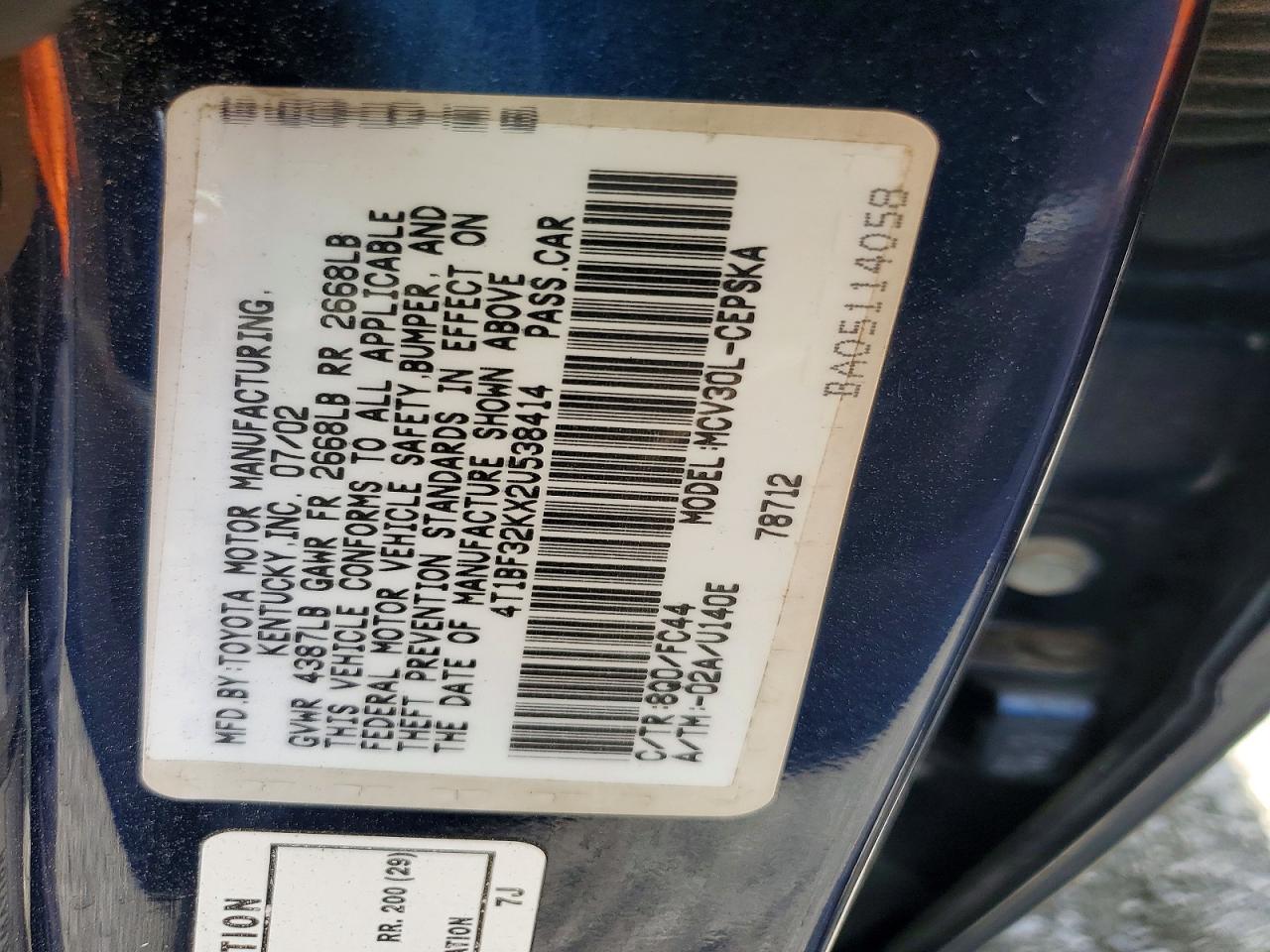 2002 Toyota Camry Se V6 Blue vin: 4T1BF32KX2U538414