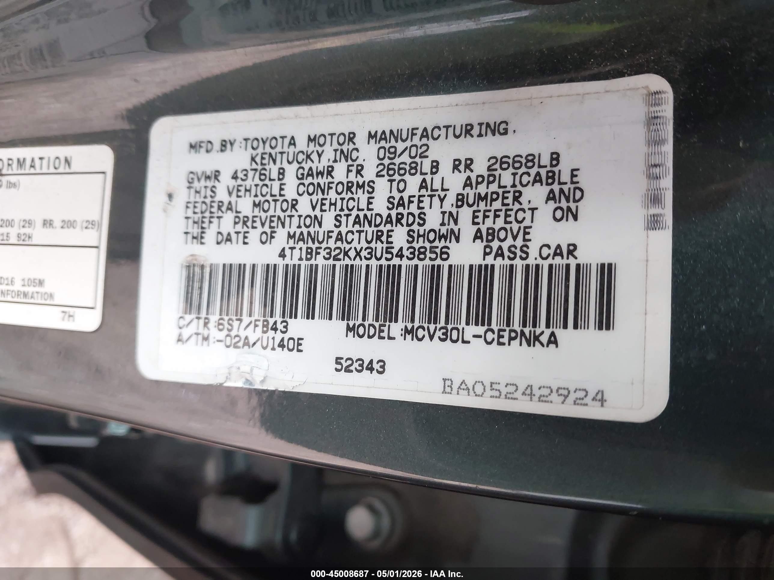 2003 Toyota Camry Le V6 Green vin: 4T1BF32KX3U543856