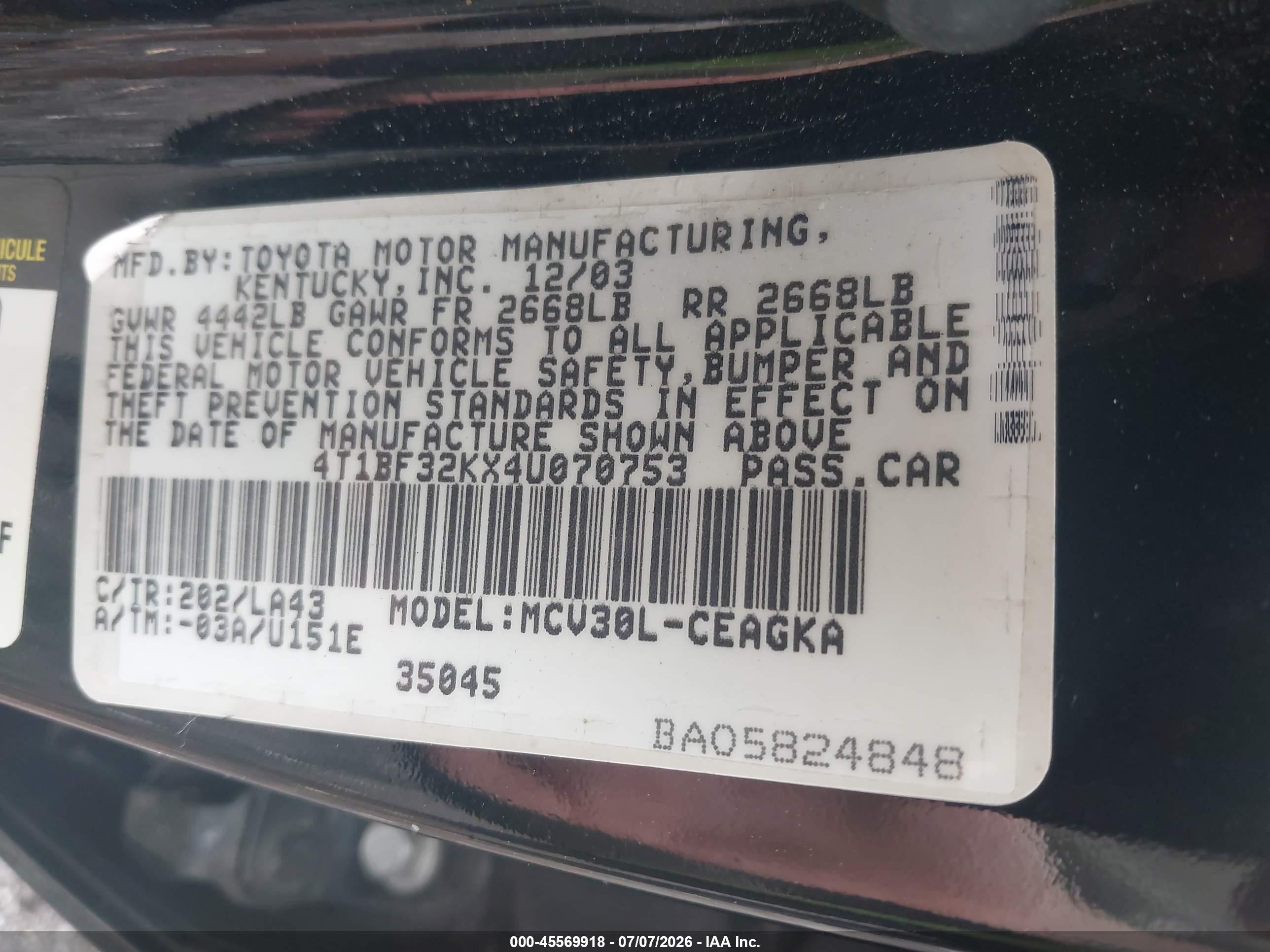 2004 Toyota Camry Xle V6 Black vin: 4T1BF32KX4U070753