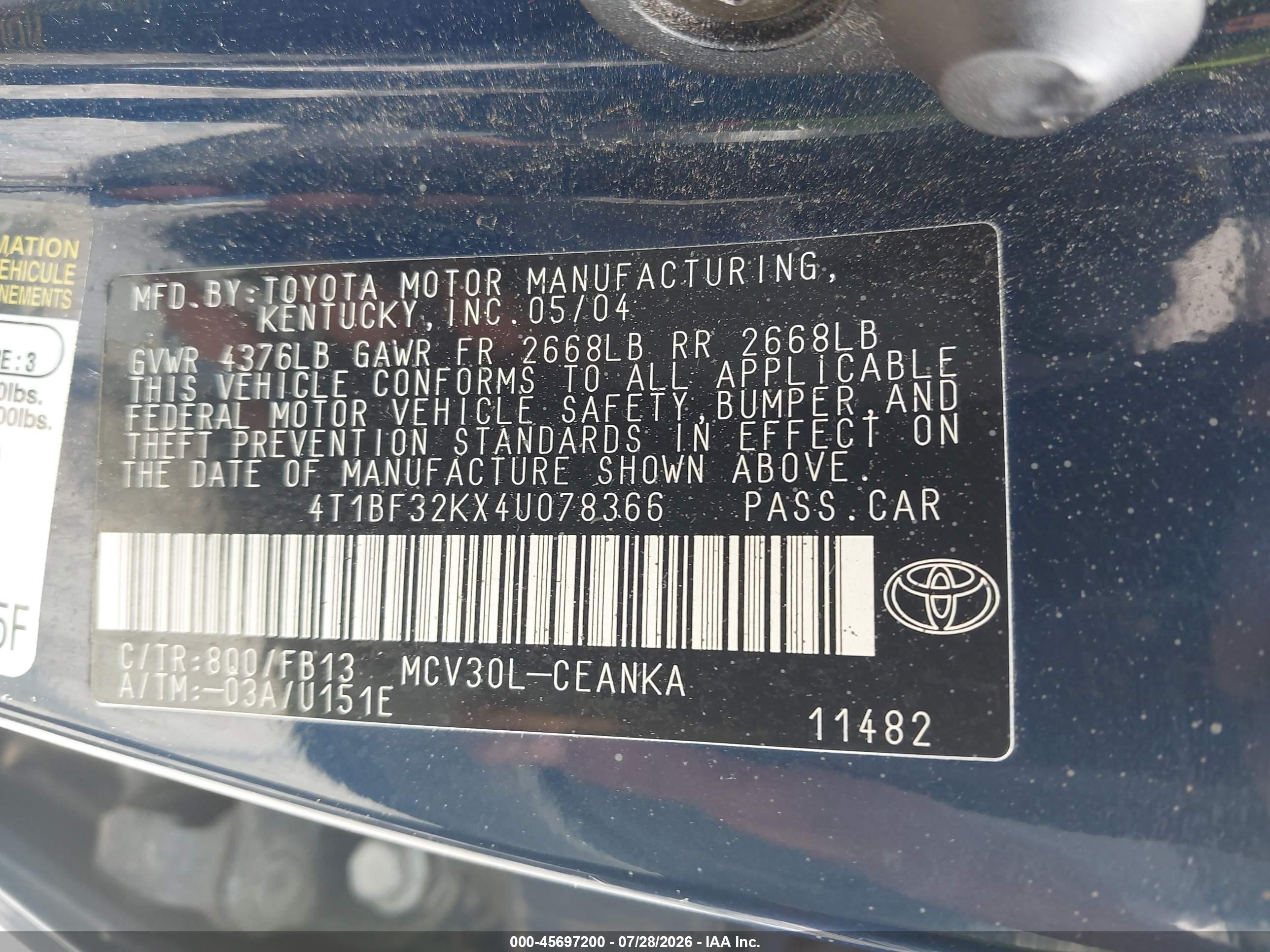 2004 Toyota Camry Le V6 Blue vin: 4T1BF32KX4U078366