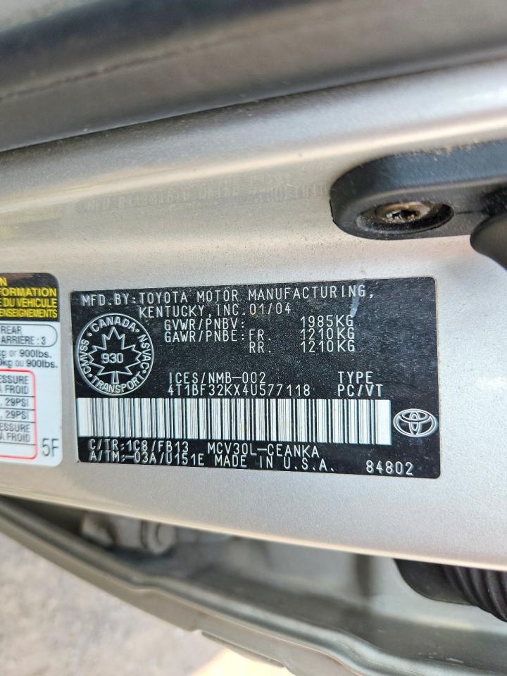 2004 Toyota Camry Le V6 Gray vin: 4T1BF32KX4U577118