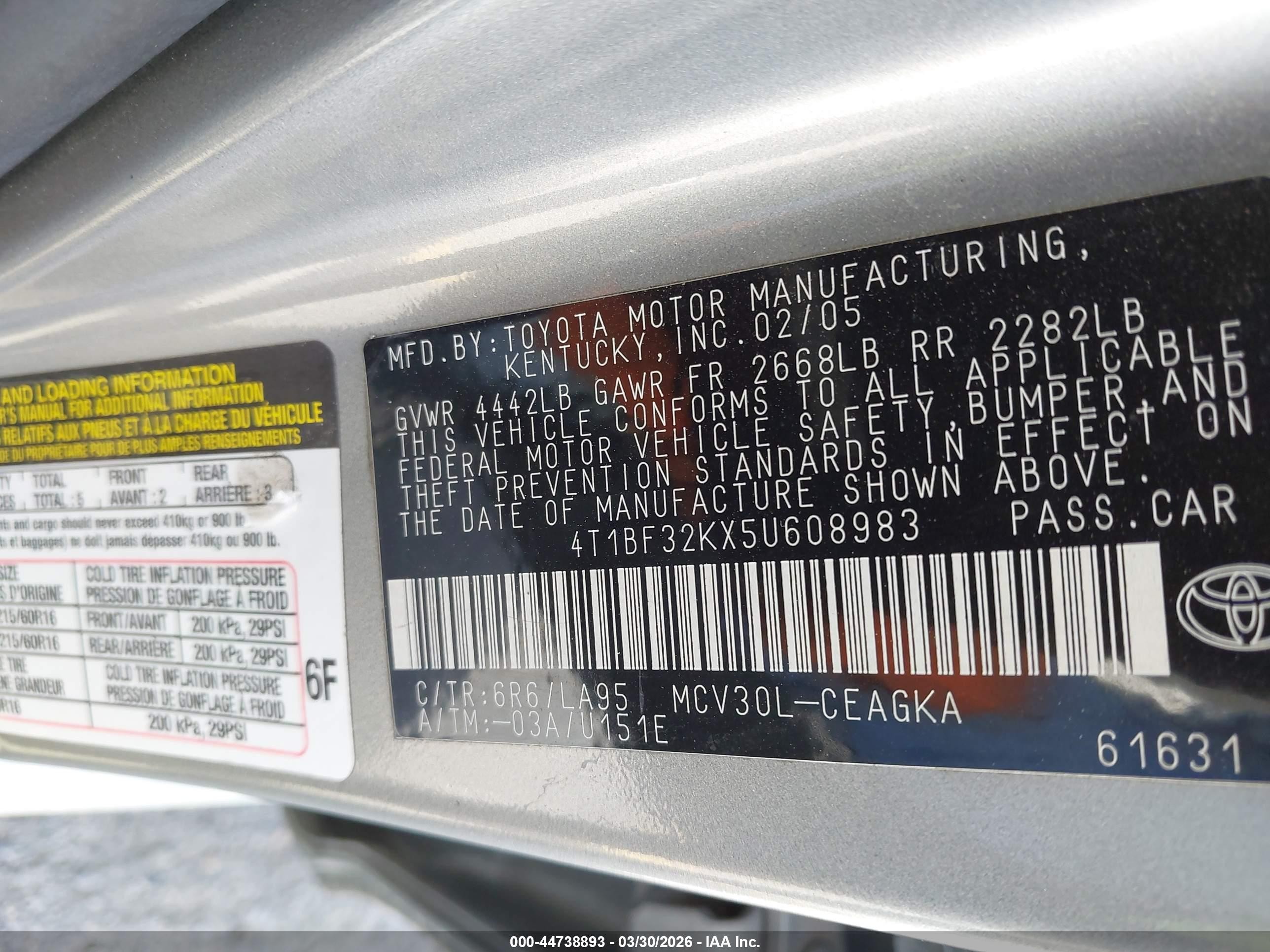 2005 Toyota Camry Xle V6 Green vin: 4T1BF32KX5U608983
