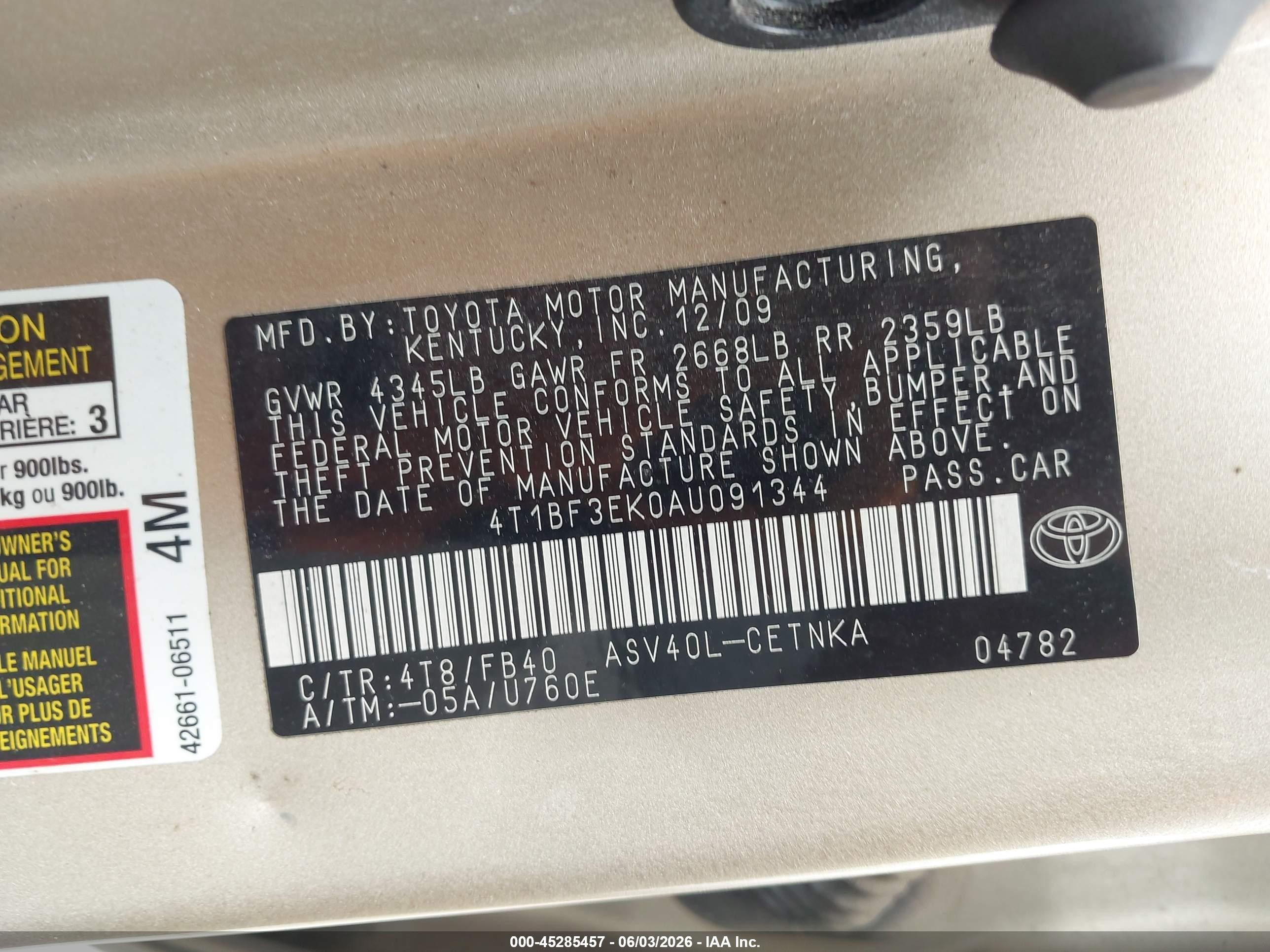 2010 Toyota Camry Le Gold vin: 4T1BF3EK0AU091344