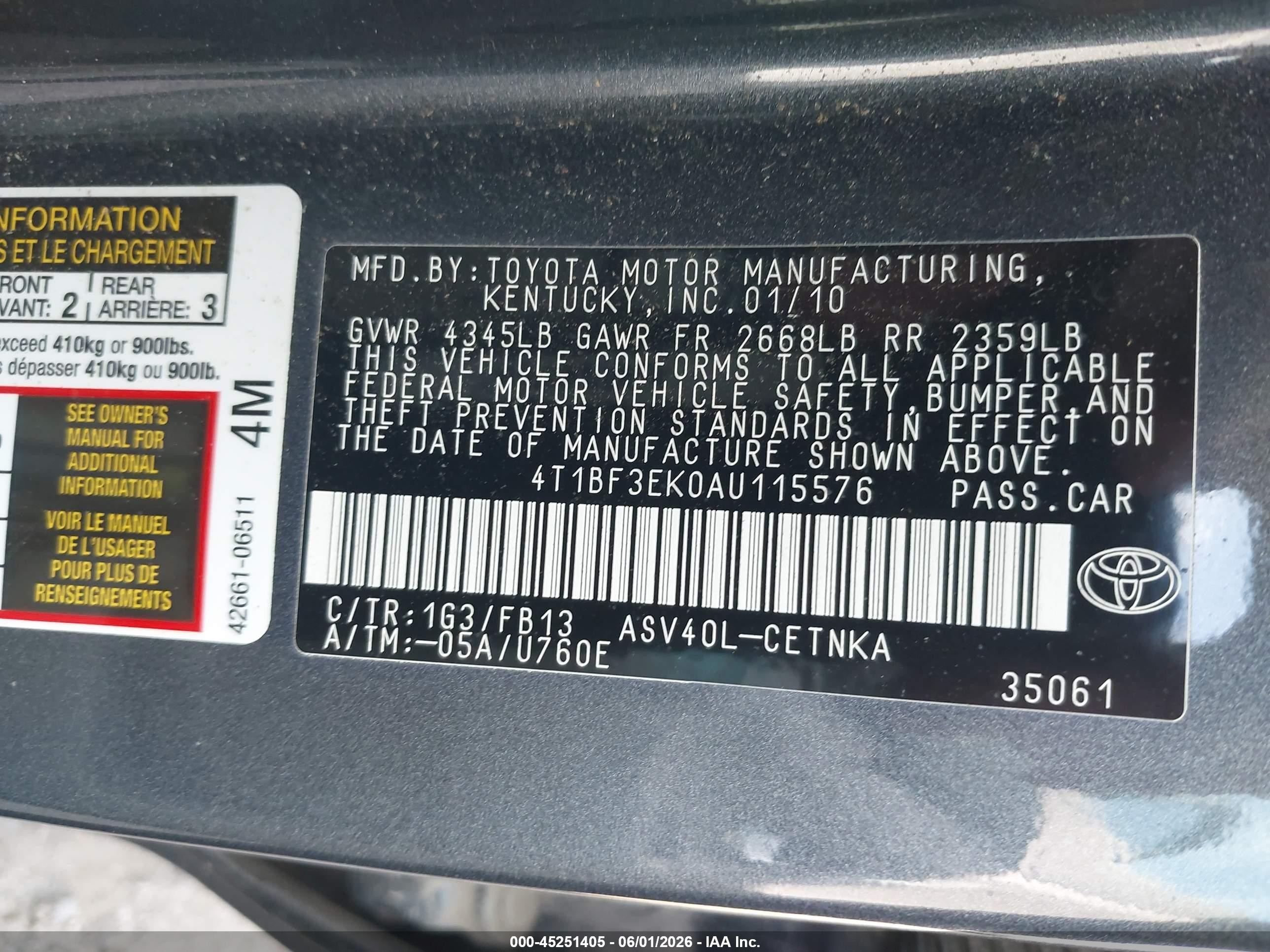2010 Toyota Camry Le Gray vin: 4T1BF3EK0AU115576