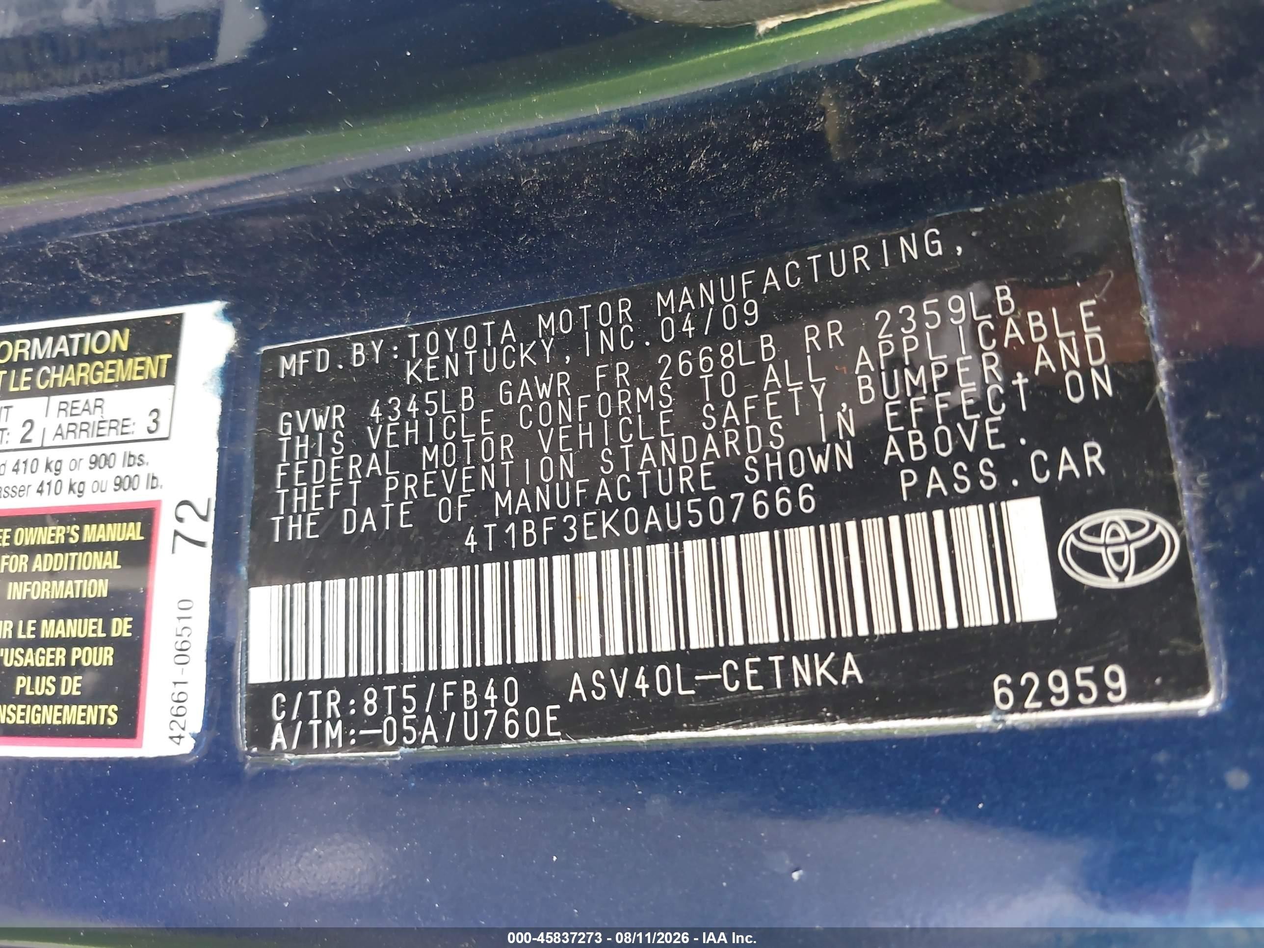 2010 Toyota Camry Le Dark Blue vin: 4T1BF3EK0AU507666