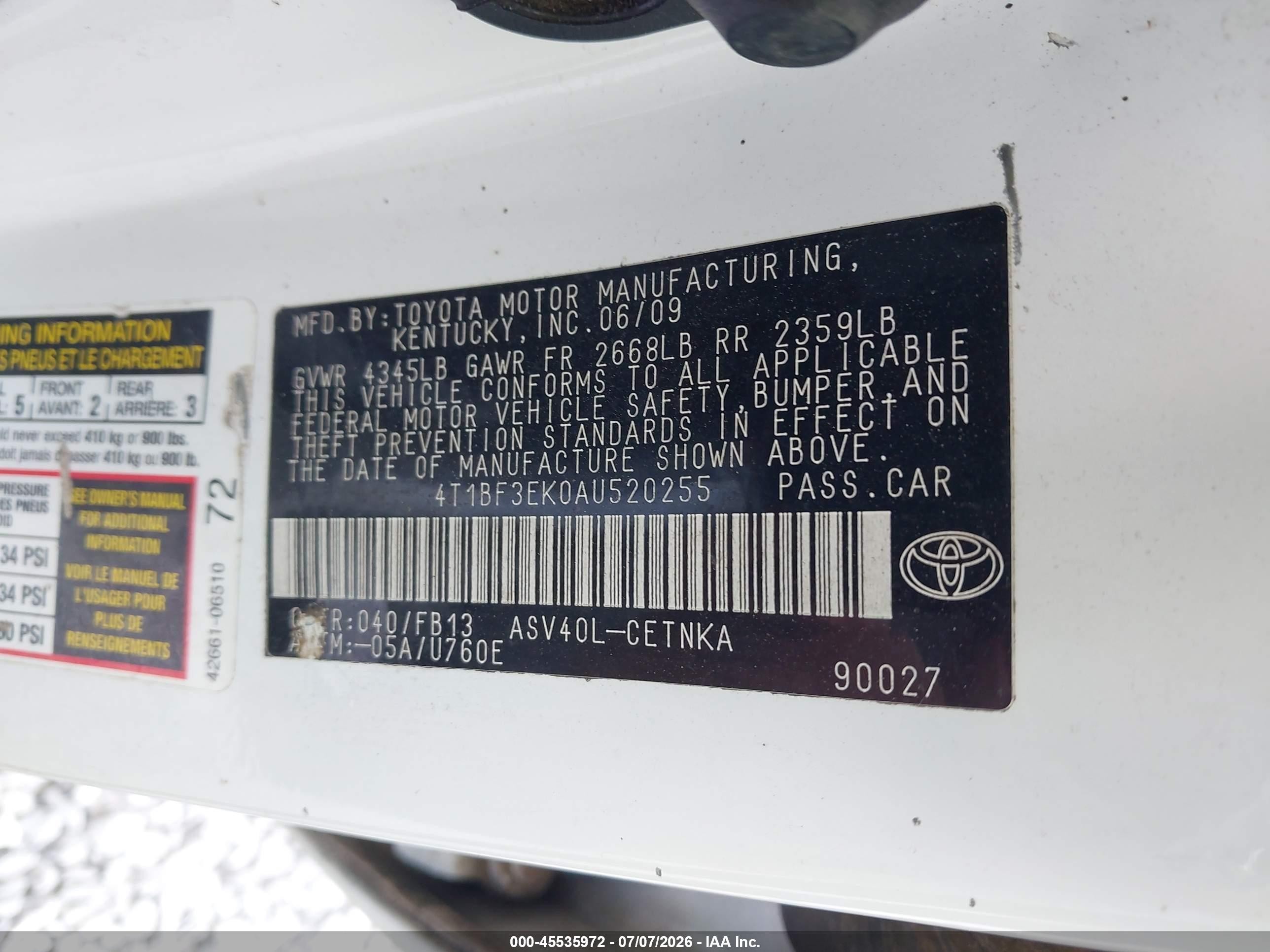 2010 Toyota Camry   White vin: 4T1BF3EK0AU520255
