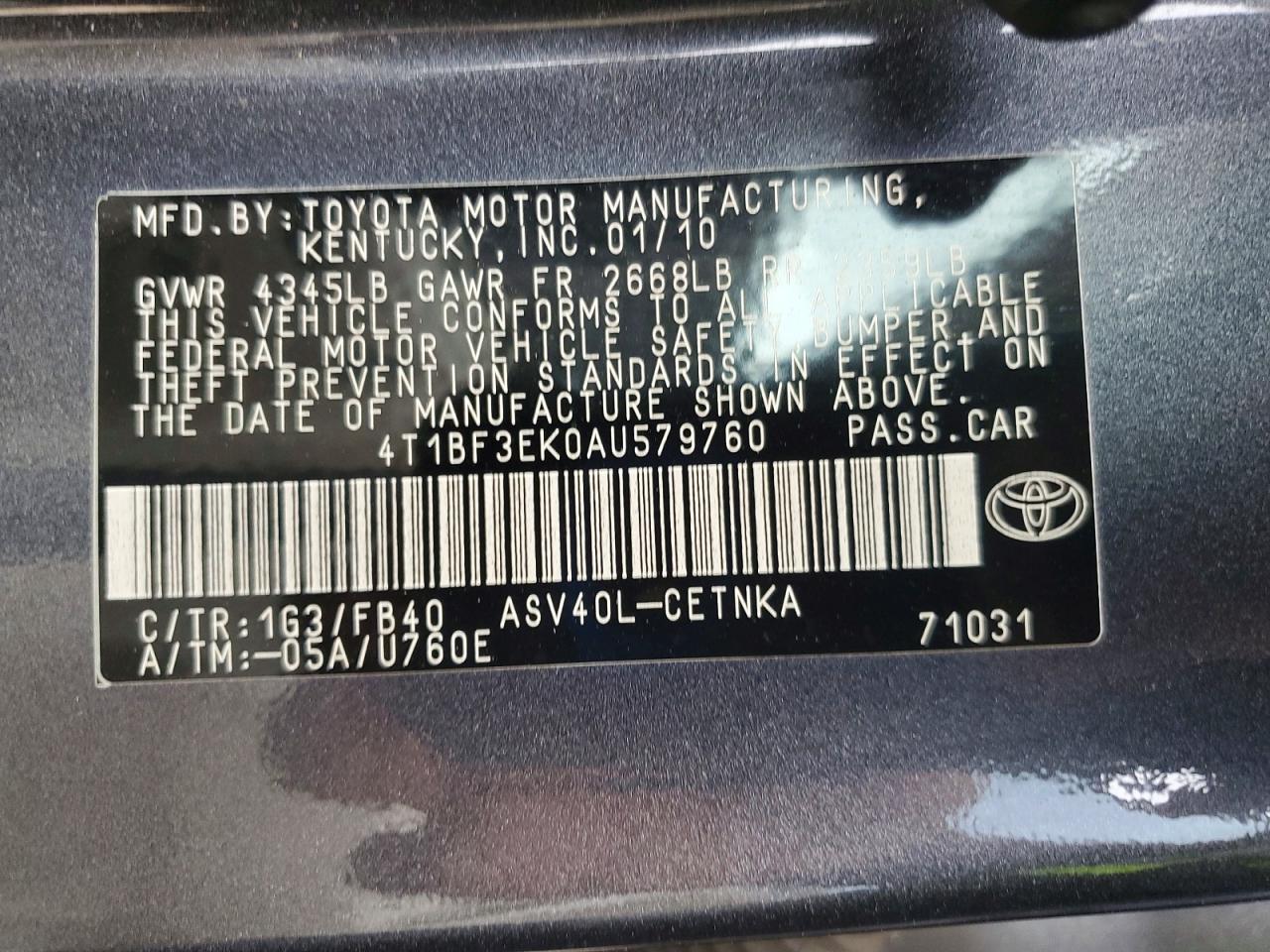 2010 Toyota Camry Le Gray vin: 4T1BF3EK0AU579760