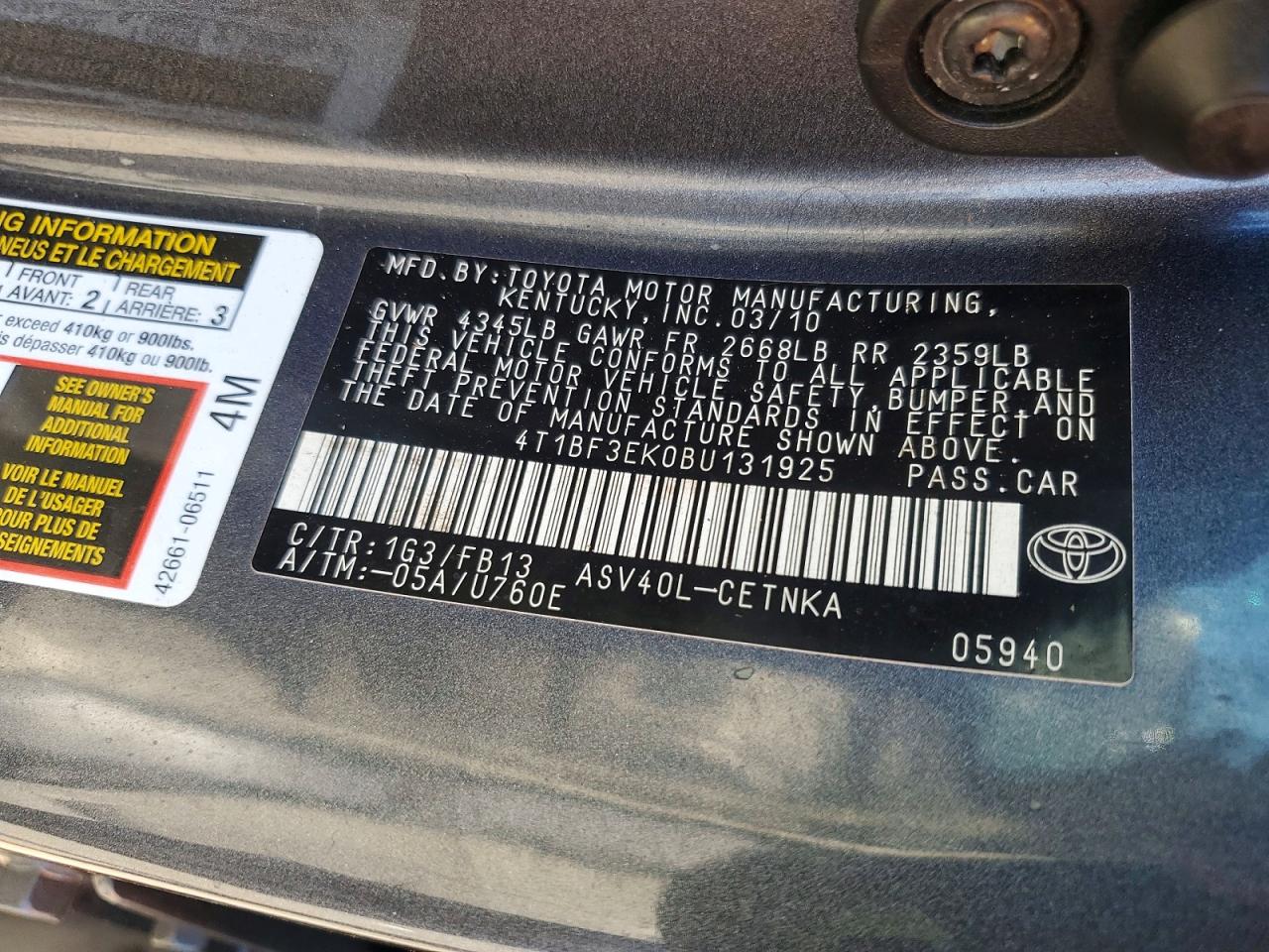 2011 Toyota Camry Le Gray vin: 4T1BF3EK0BU131925