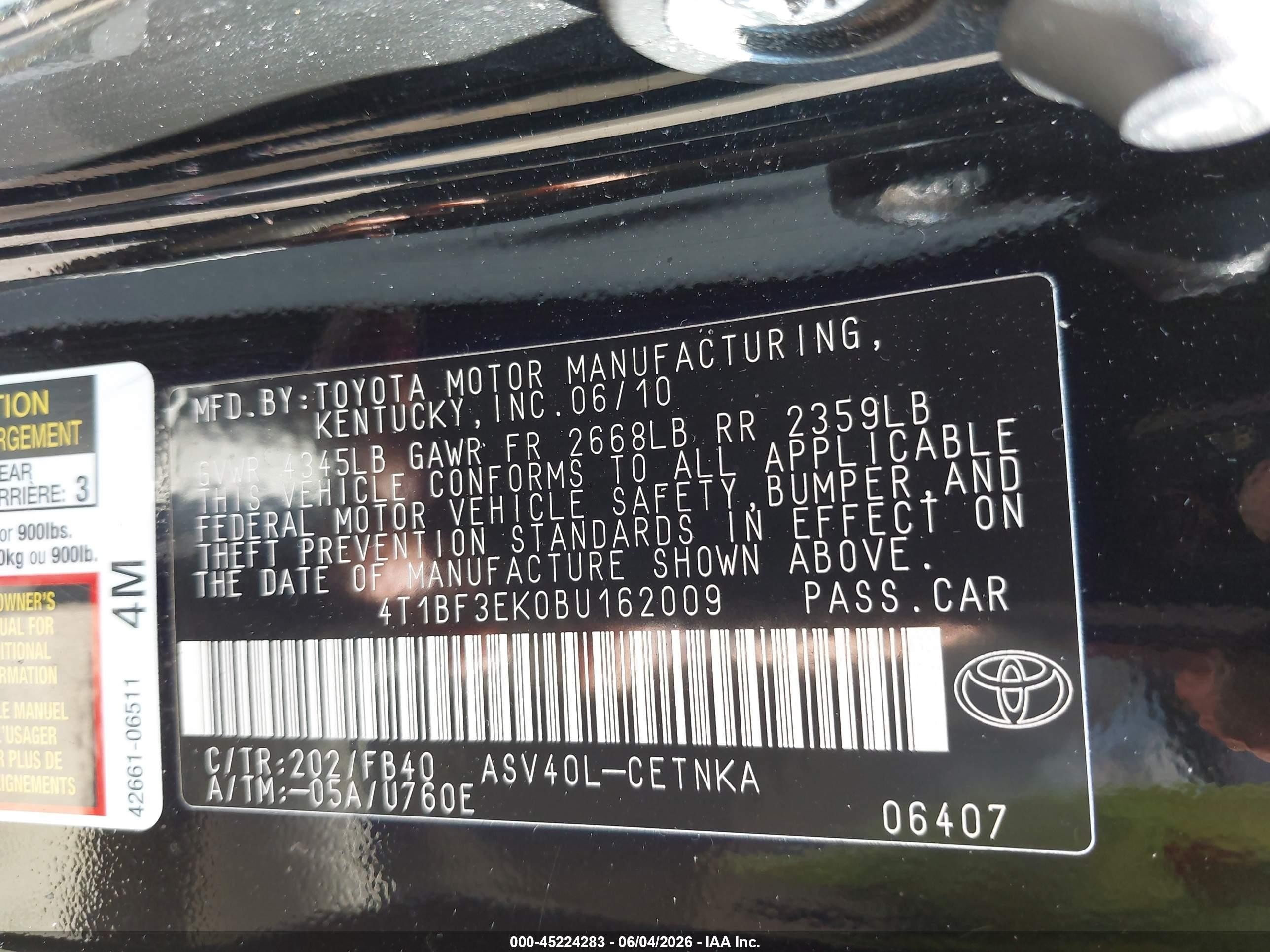 2011 Toyota Camry Le Black vin: 4T1BF3EK0BU162009