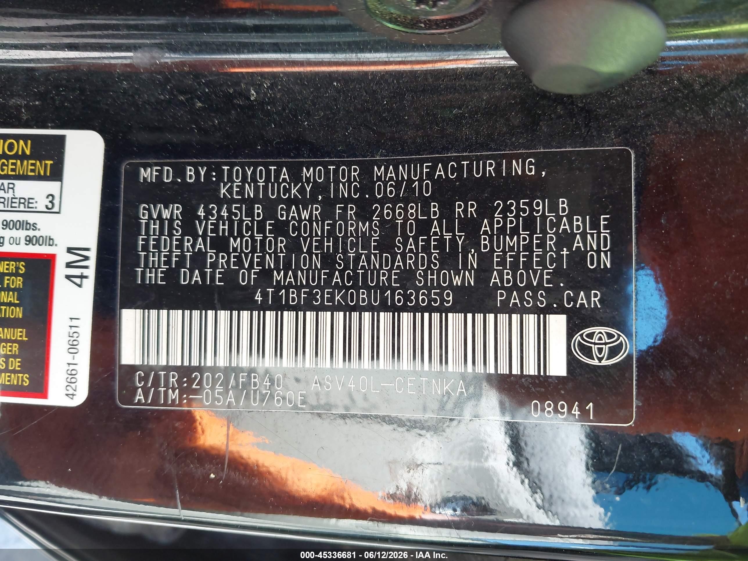 2011 Toyota Camry Le Черный vin: 4T1BF3EK0BU163659