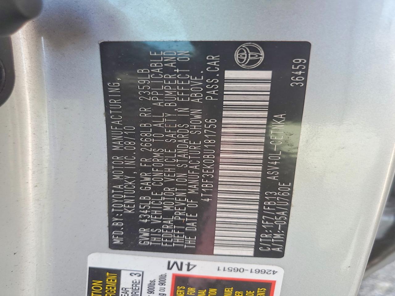 2011 Toyota Camry Le Серебряный vin: 4T1BF3EK0BU181756