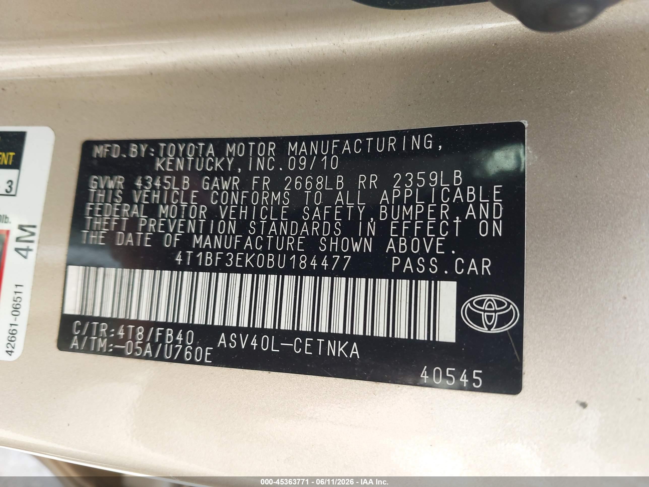 2011 Toyota Camry   Gold vin: 4T1BF3EK0BU184477