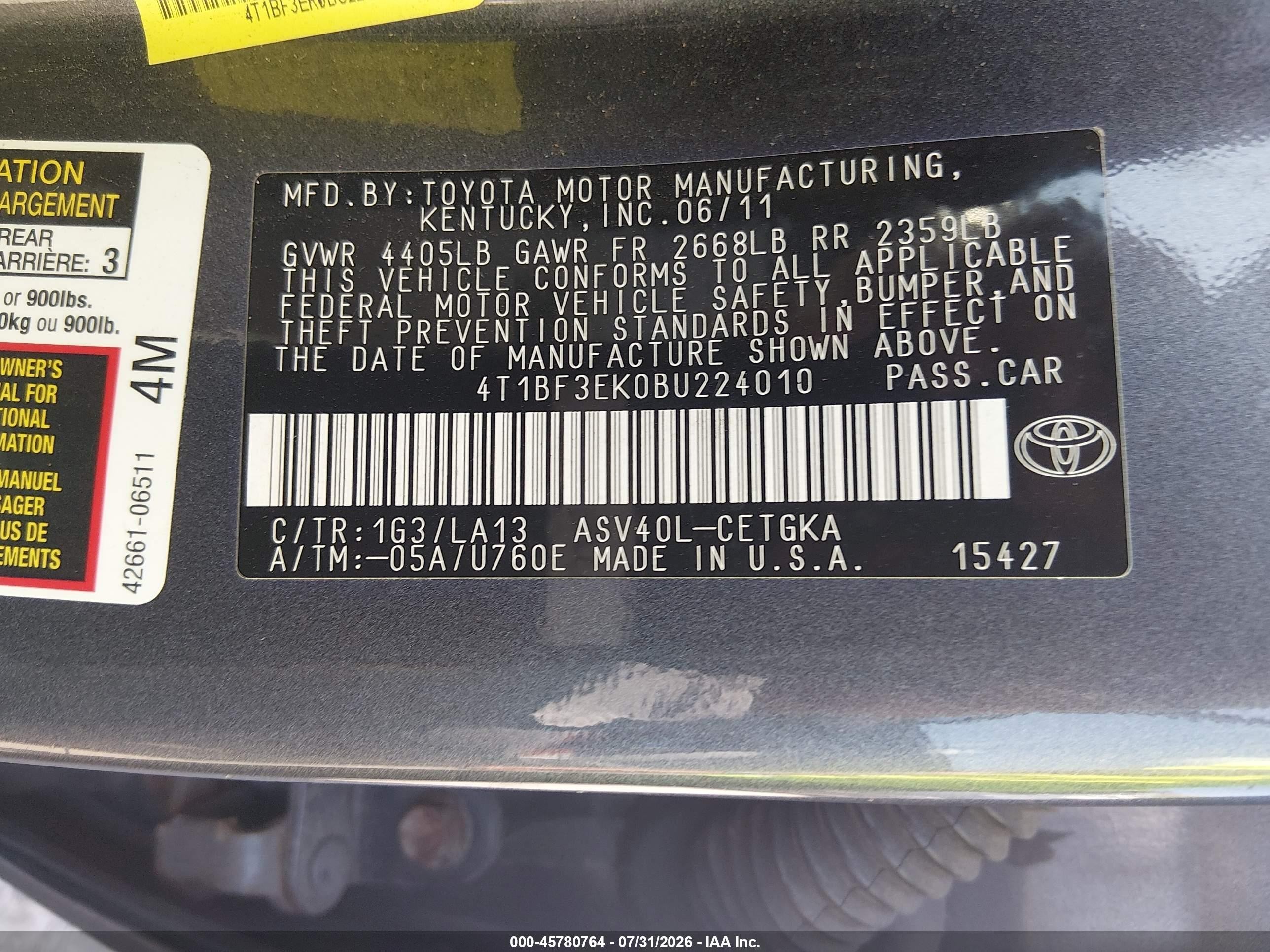 2011 Toyota Camry Xle Gray vin: 4T1BF3EK0BU224010