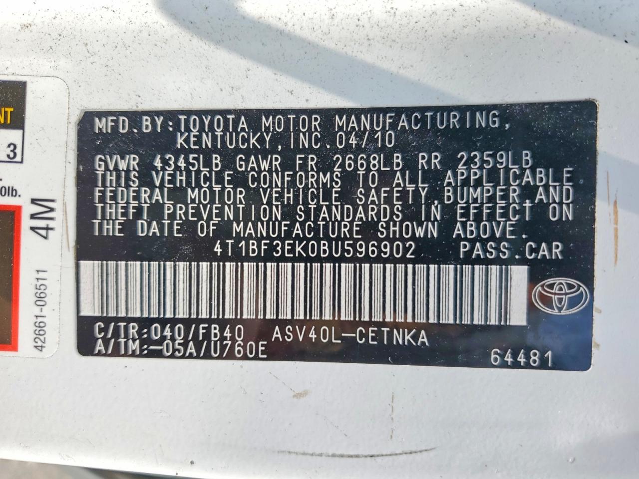 2011 Toyota Camry Le White vin: 4T1BF3EK0BU596902