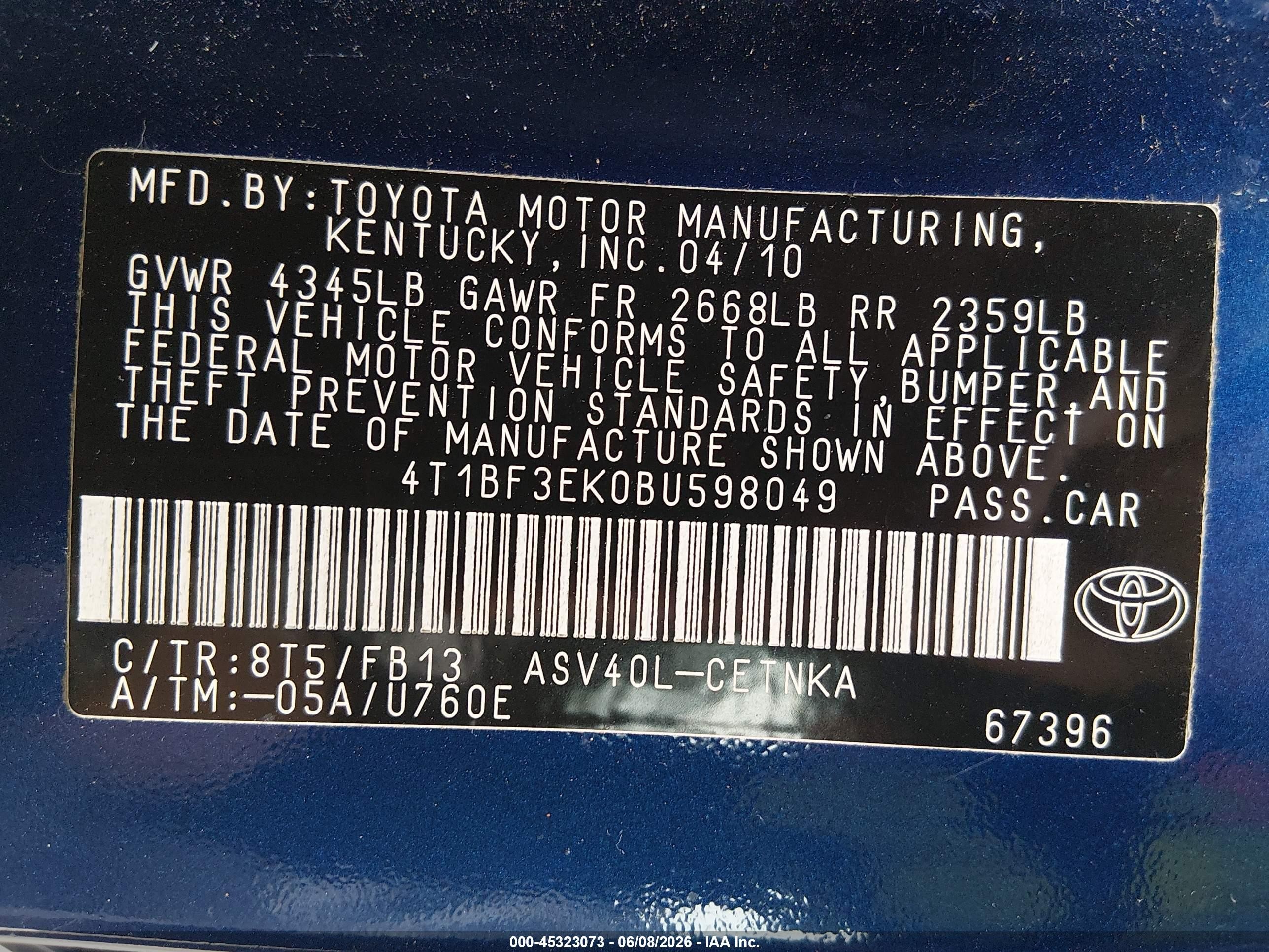 2011 Toyota Camry Le Blue vin: 4T1BF3EK0BU598049