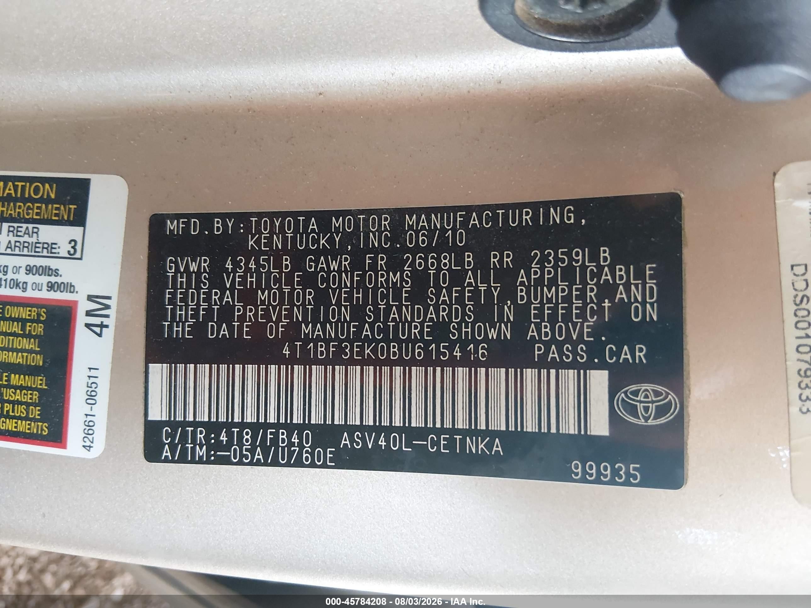 2011 Toyota Camry Le Gold vin: 4T1BF3EK0BU615416